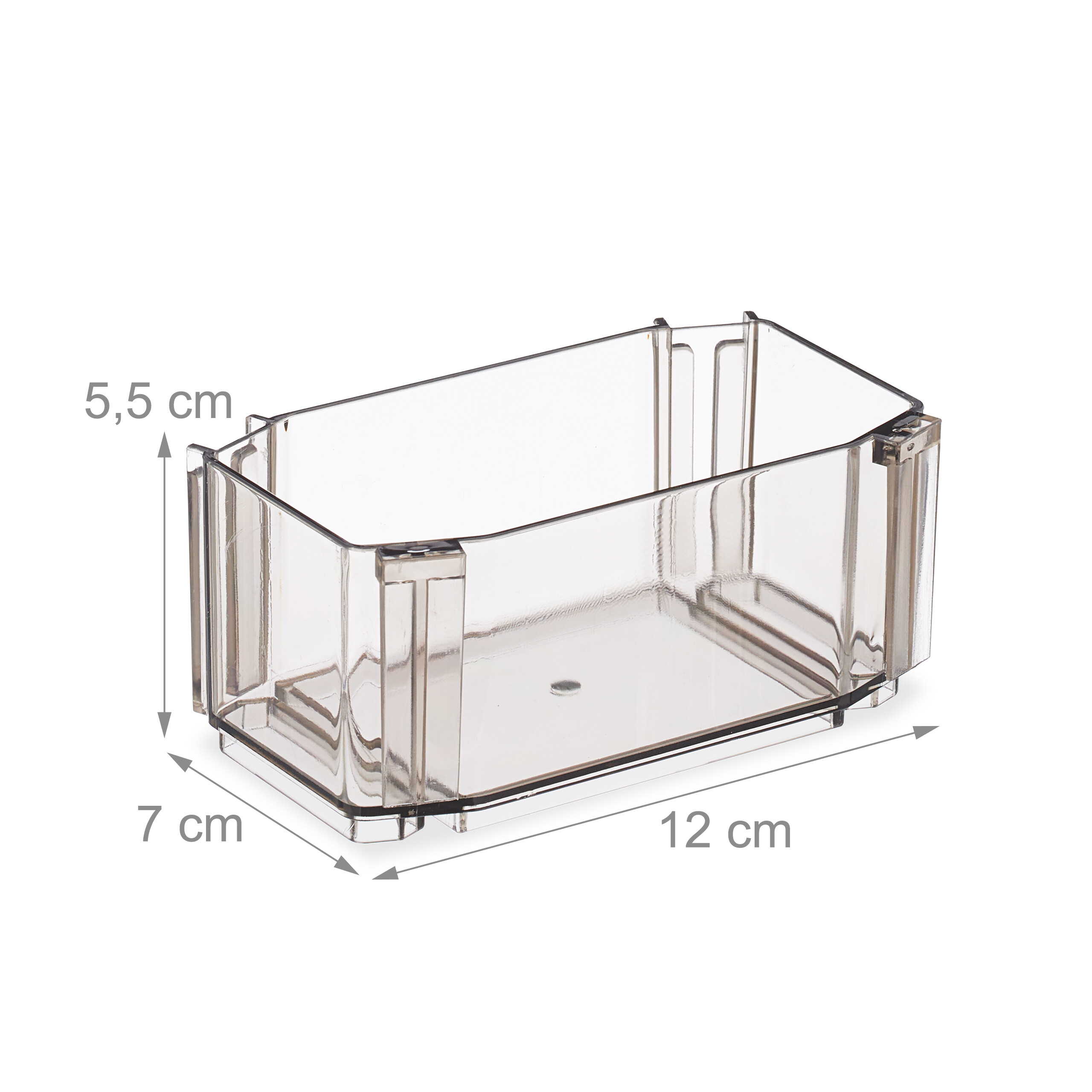Transparente Kunststoffbox mit Maßen: 12 cm Länge, 7 cm Breite und 5,5 cm Höhe auf weißem Grund.