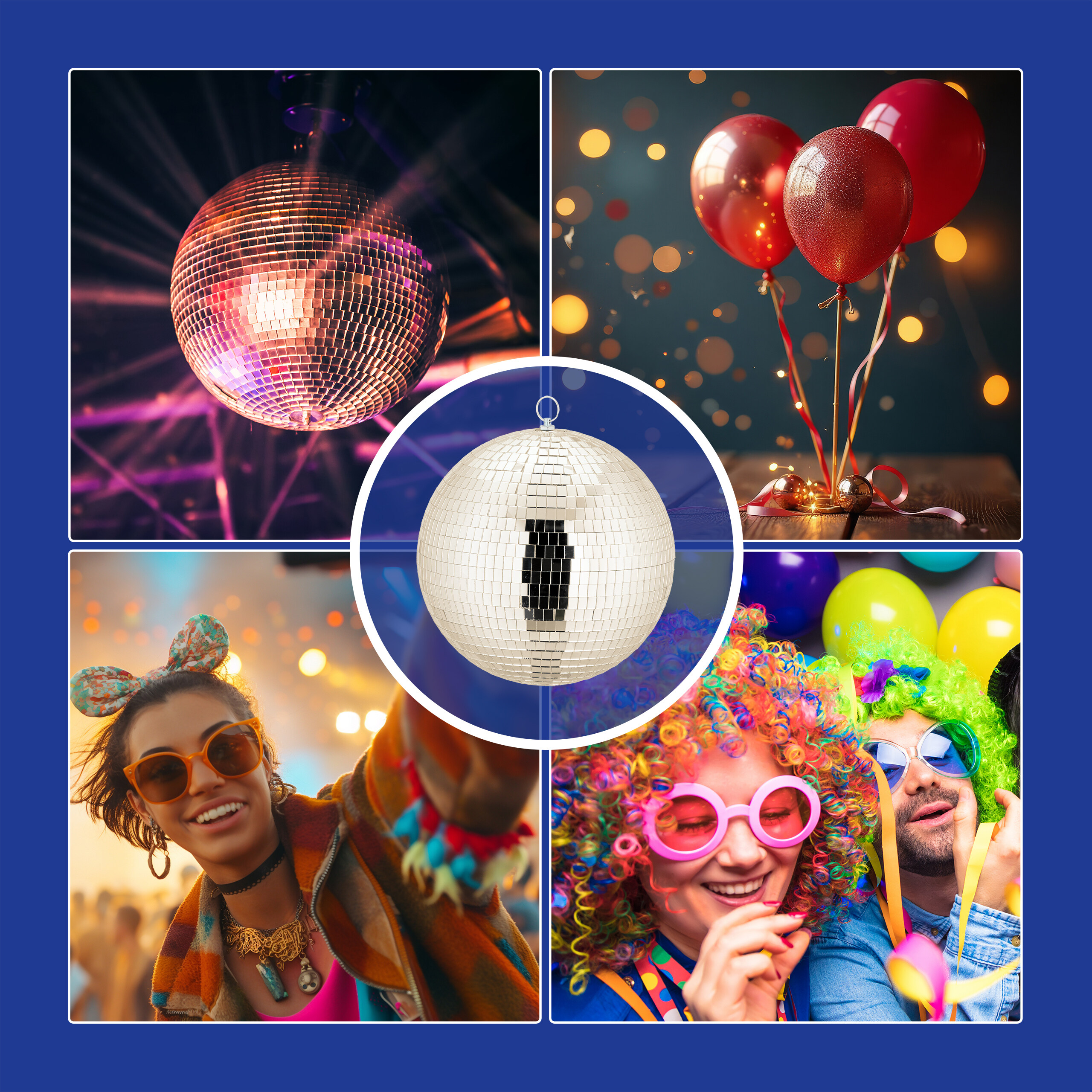 Eine Collage mit einer Diskokugel, roten Ballons, feiernden Menschen und einem zentralen Spiegelballon.