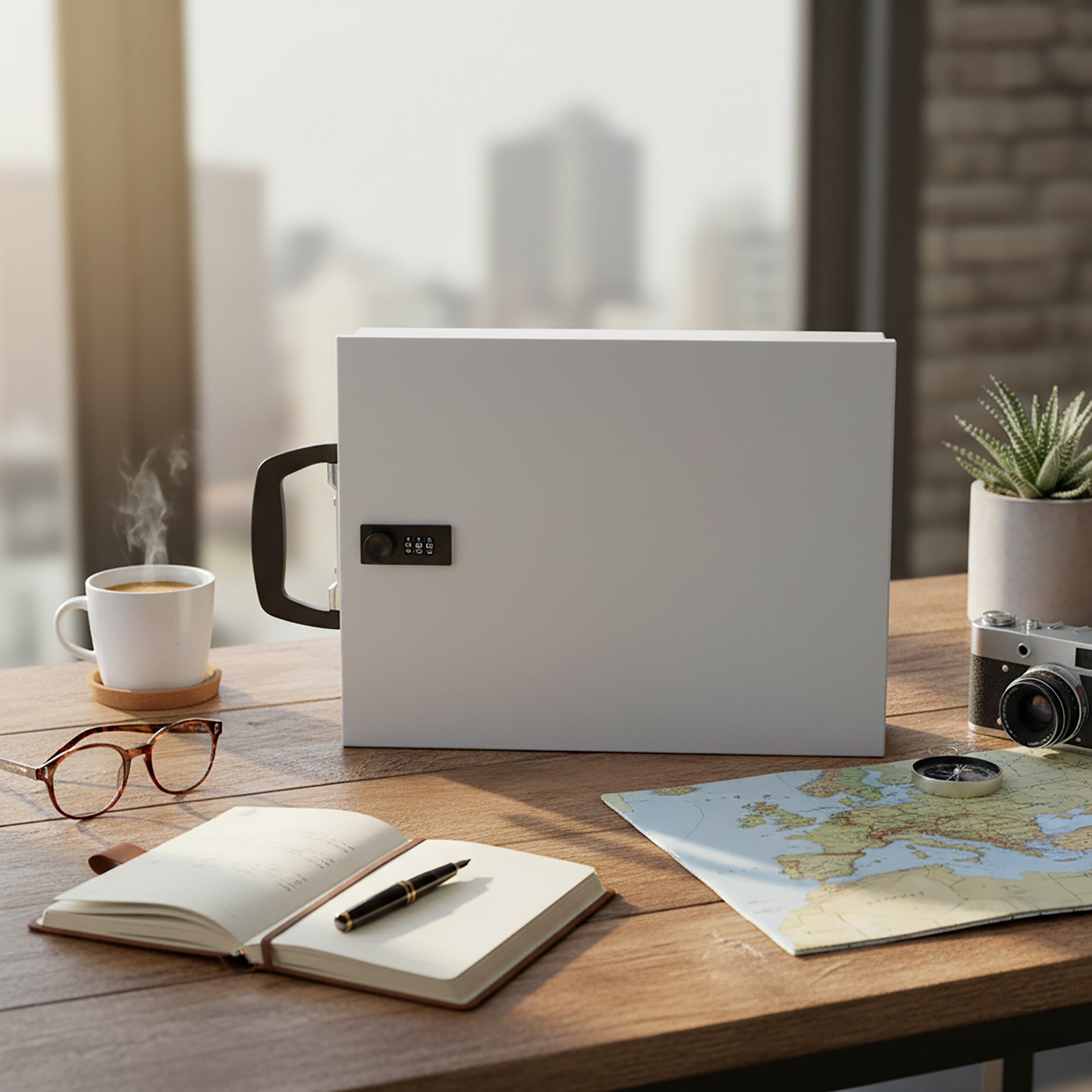 Ein weißer Koffer mit Zahlenschloss auf einem Schreibtisch mit Buch, Brille, Karte, Kamera und Kaffeetasse.