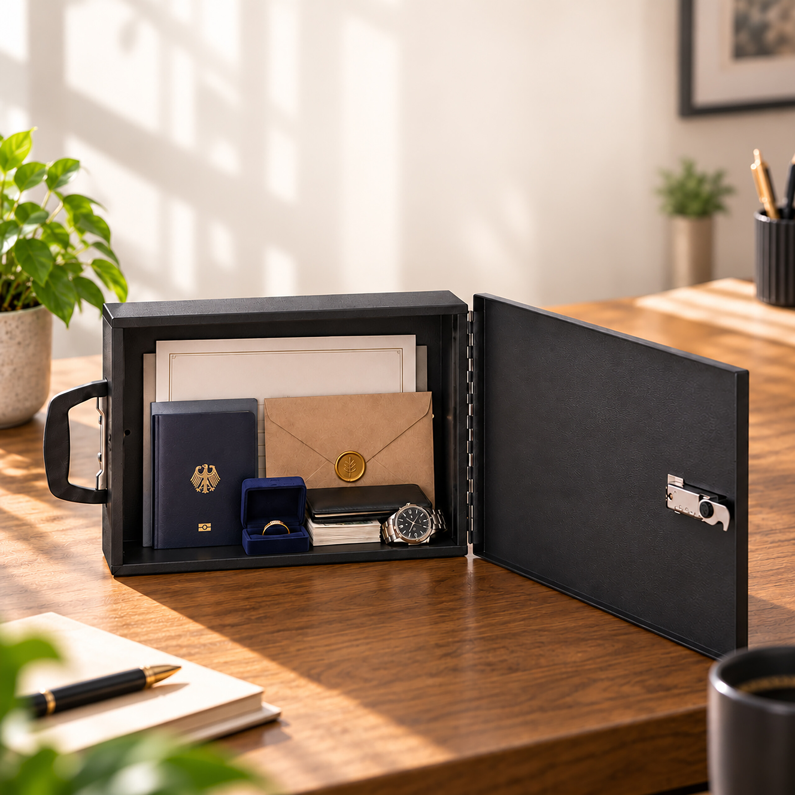 Eine offene schwarze Dokumentenbox auf einem Holztisch enthält Pässe, Dokumente, Bargeld, Briefe und eine Uhr.