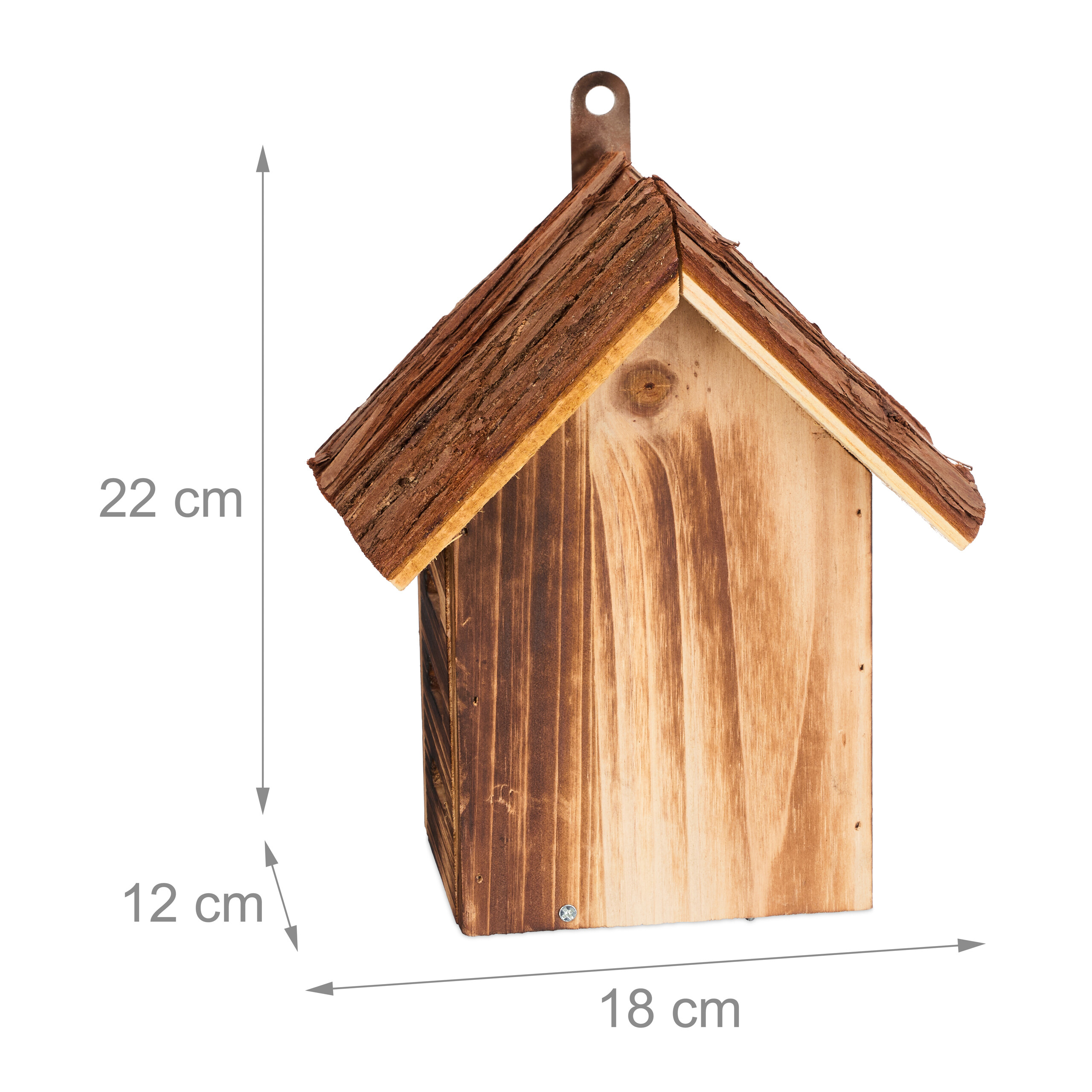 Wohnliches Holz-Vogelhaus mit Rindendach, 22x18x12 cm groß.