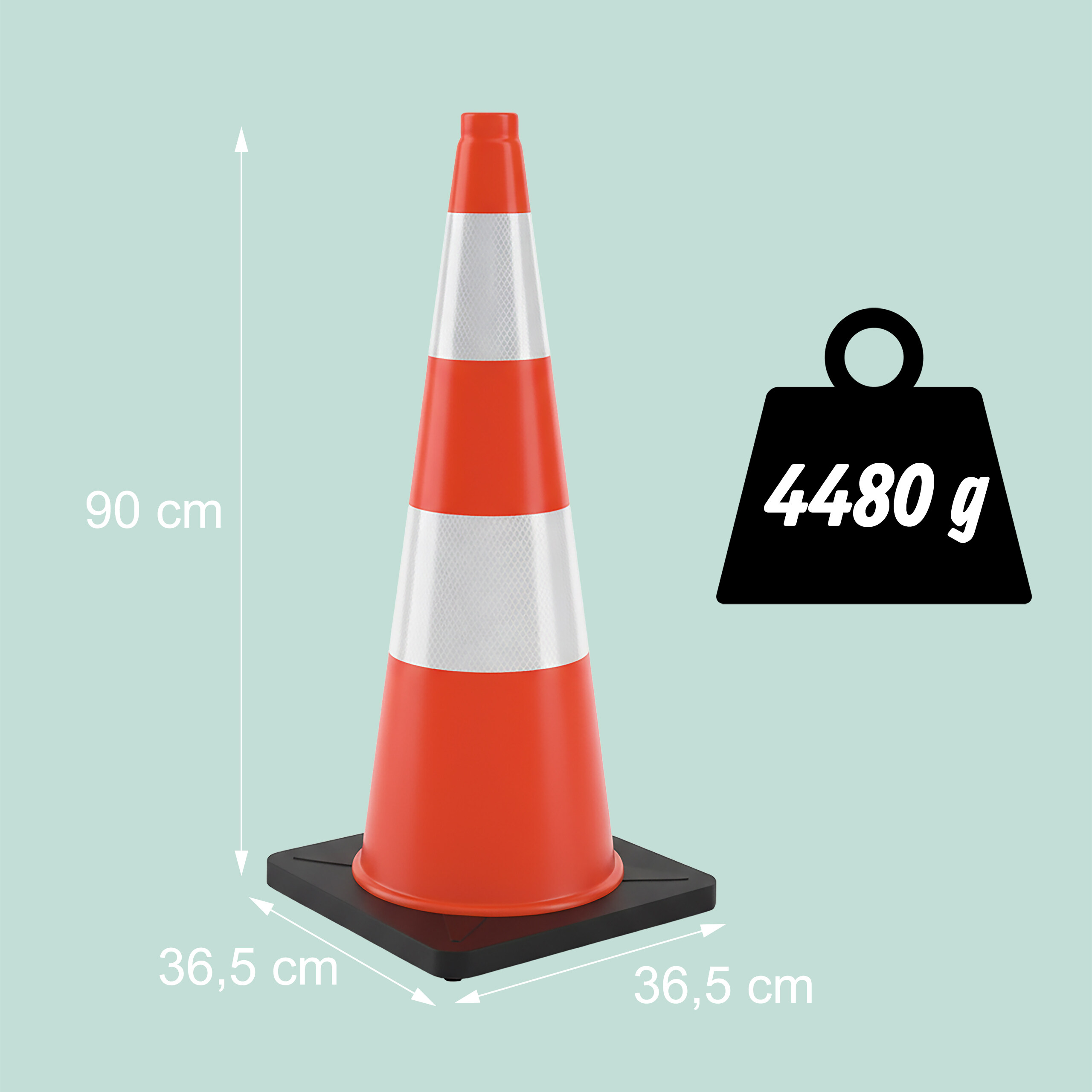Ein orange-weißer Pylon mit 90x36,5x36,5 cm und 4480 g Gewicht vor hellblauem Hintergrund.