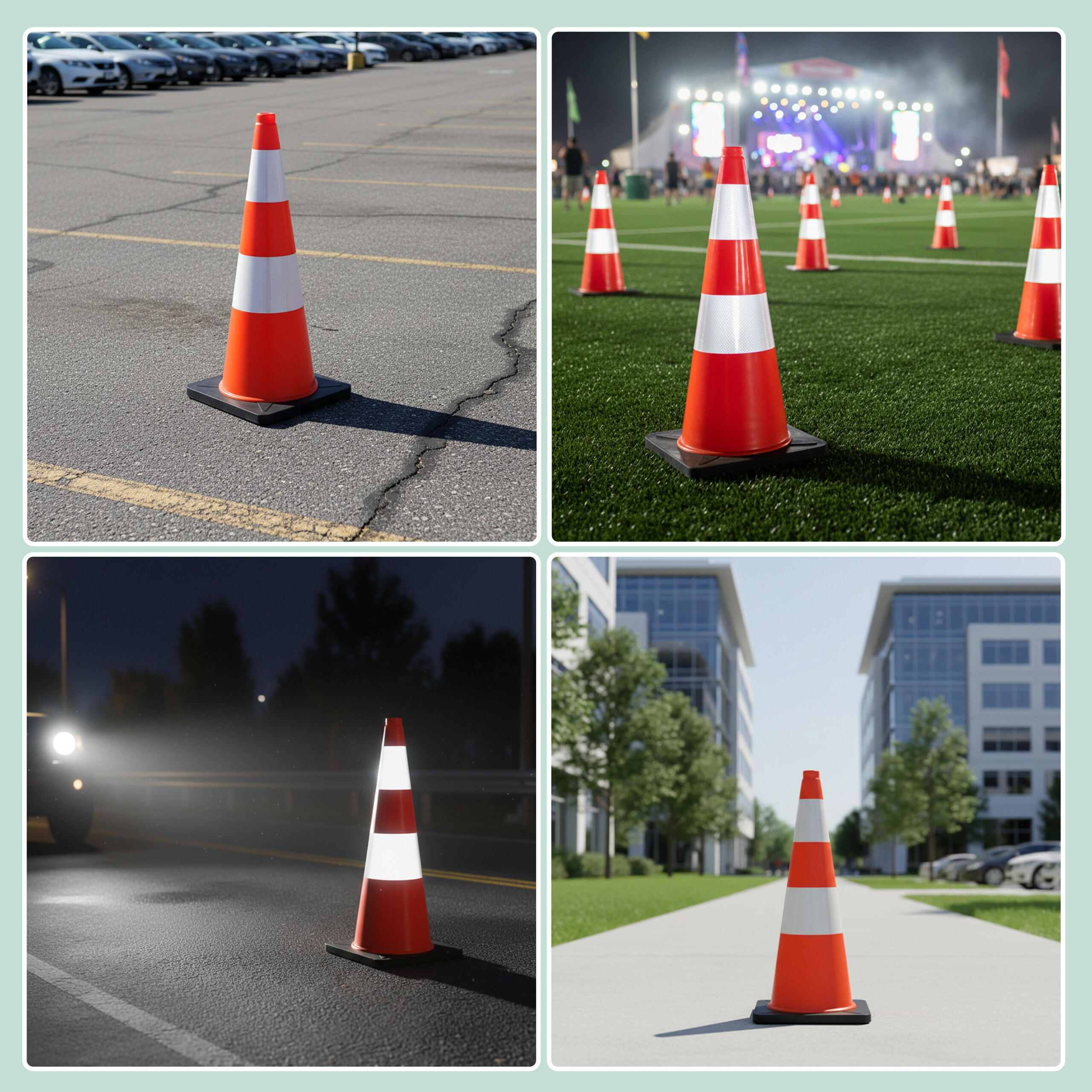 Vier Bilder zeigen rot-weiße Verkehrskegel auf verschiedenen Untergründen wie Asphalt, Rasen und Bürgersteig.
