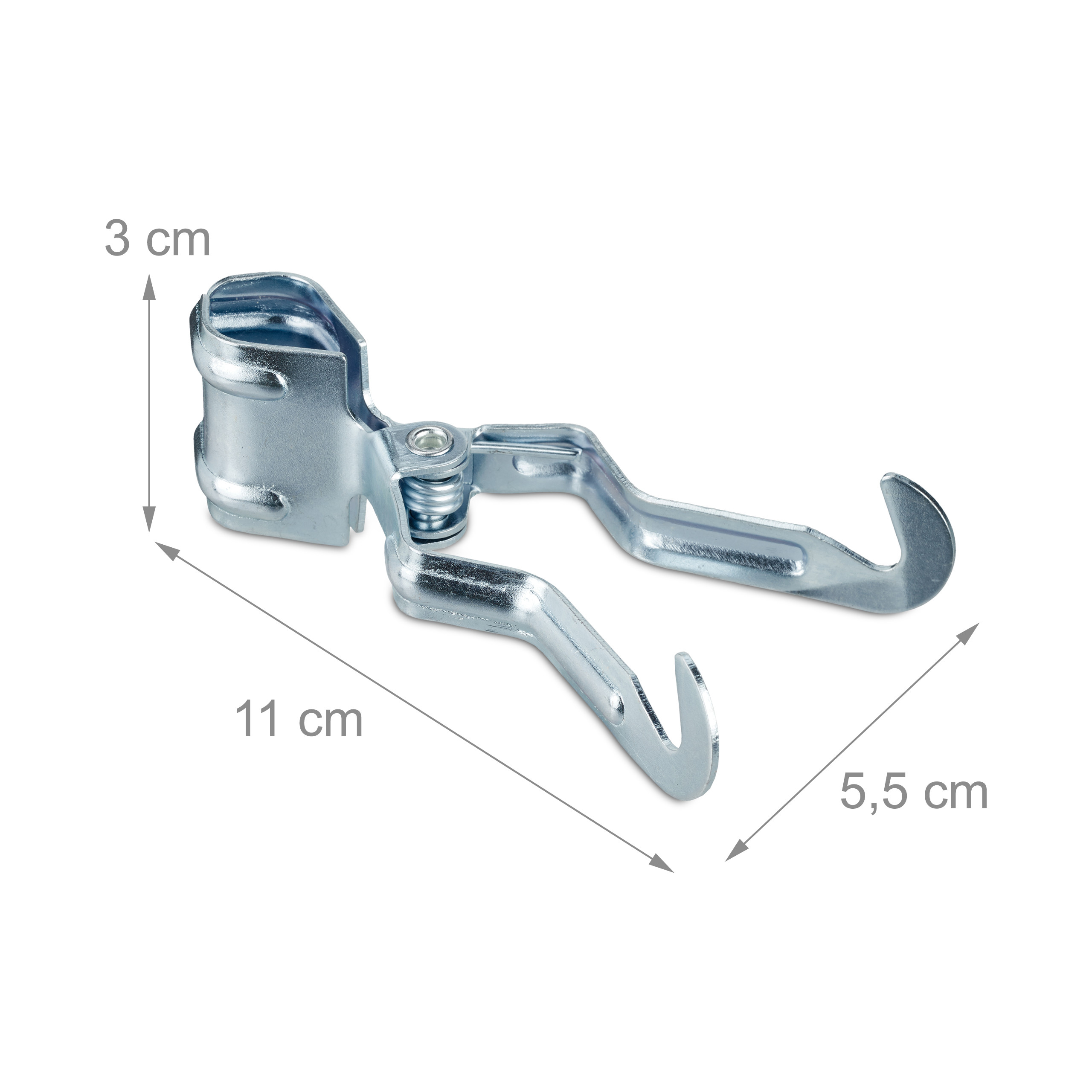 Silberner Metallclip mit zwei Haken, Federmechanismus und Abmessungen von 3 cm, 11 cm und 5,5 cm auf weißem Hintergrund.