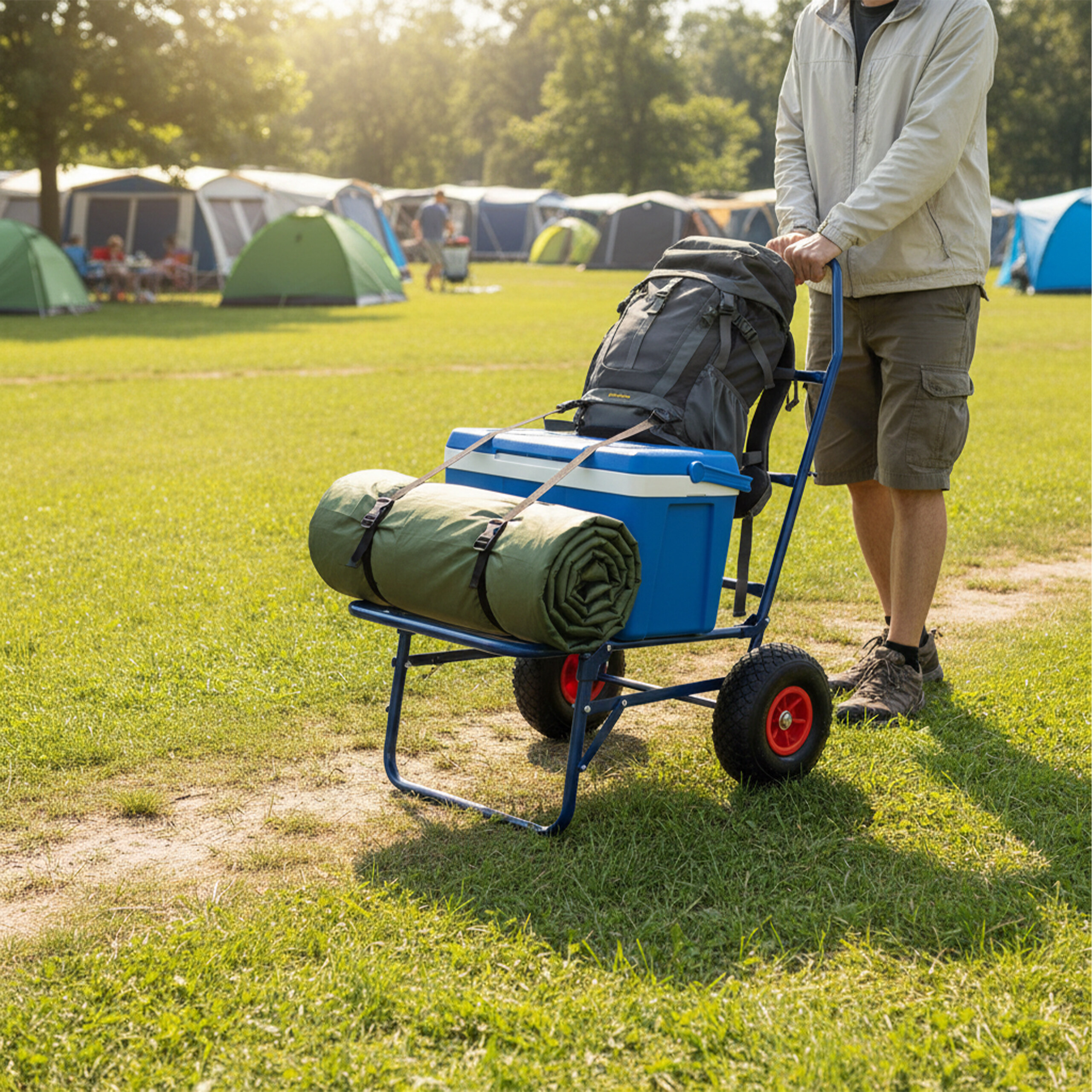 Ein Mann schiebt einen blauen Handwagen mit Campingausrüstung über eine Wiese vor einem Zeltplatz.