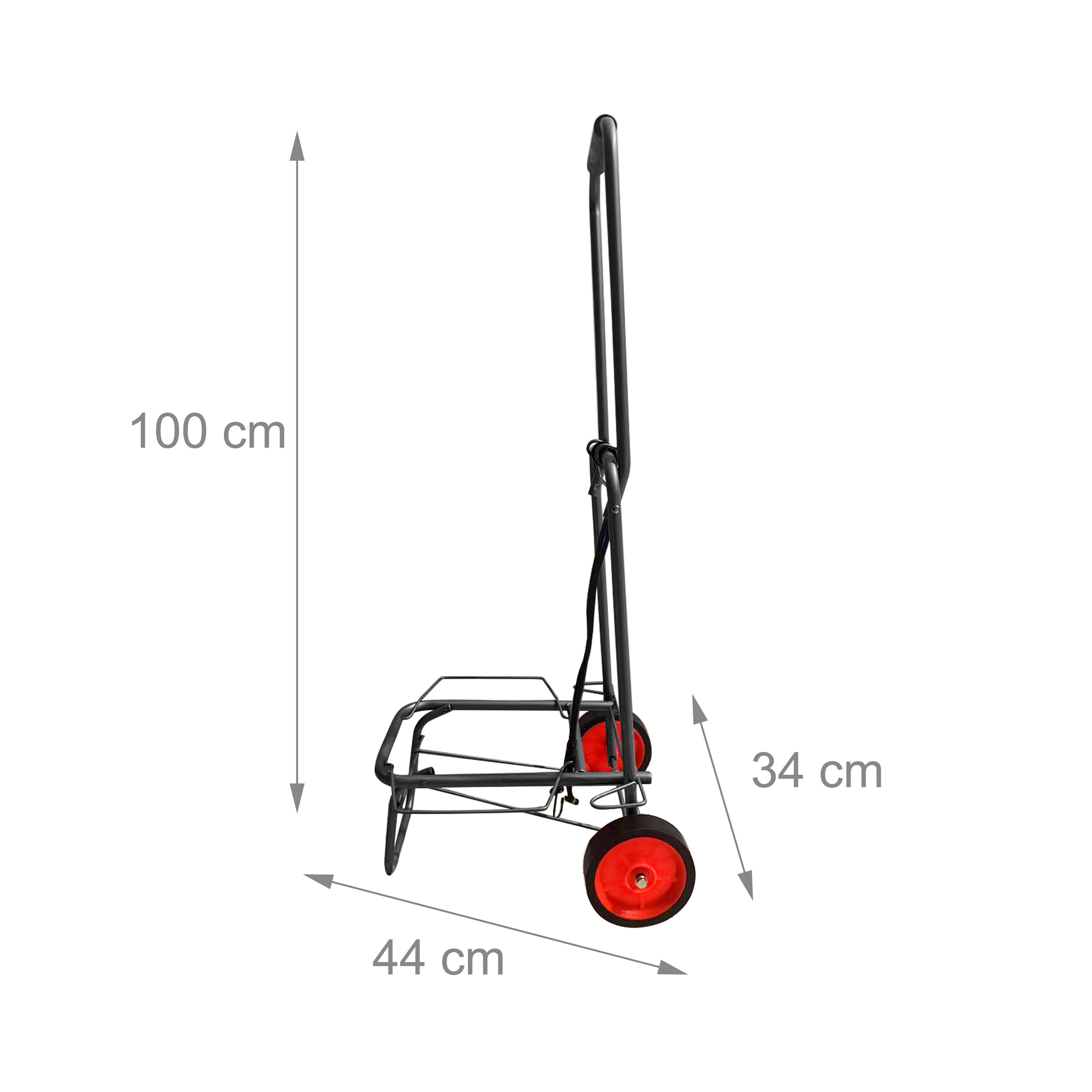 Schwarze Sackkarre mit roten Rädern, 100 cm hoch, 44 cm breit und 34 cm tief, auf weißem Hintergrund.
