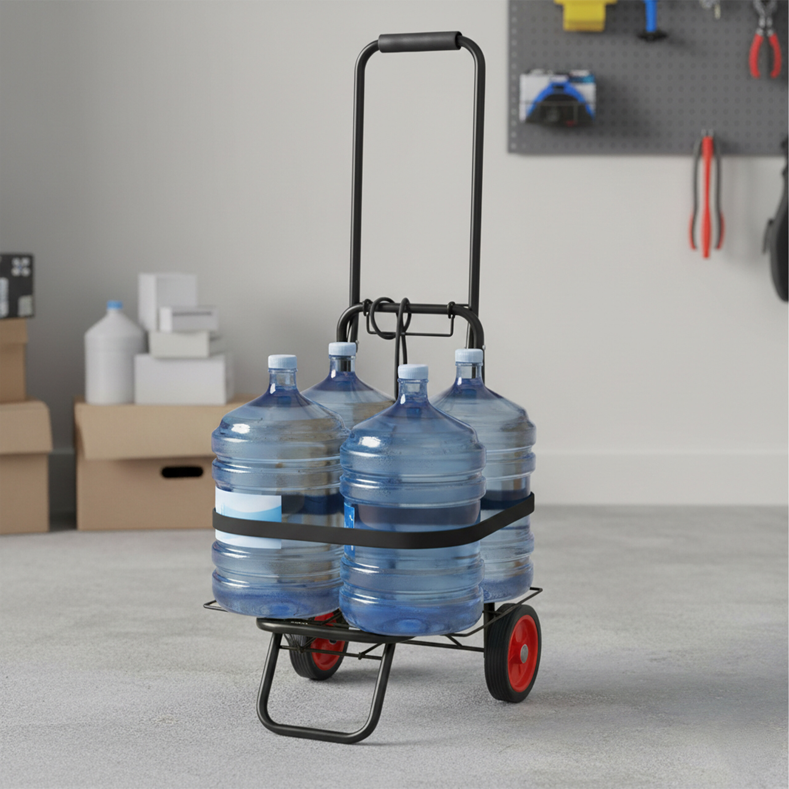 Ein schwarzer Handwagen mit roten Rädern transportiert vier große blaue Wasserflaschen.
