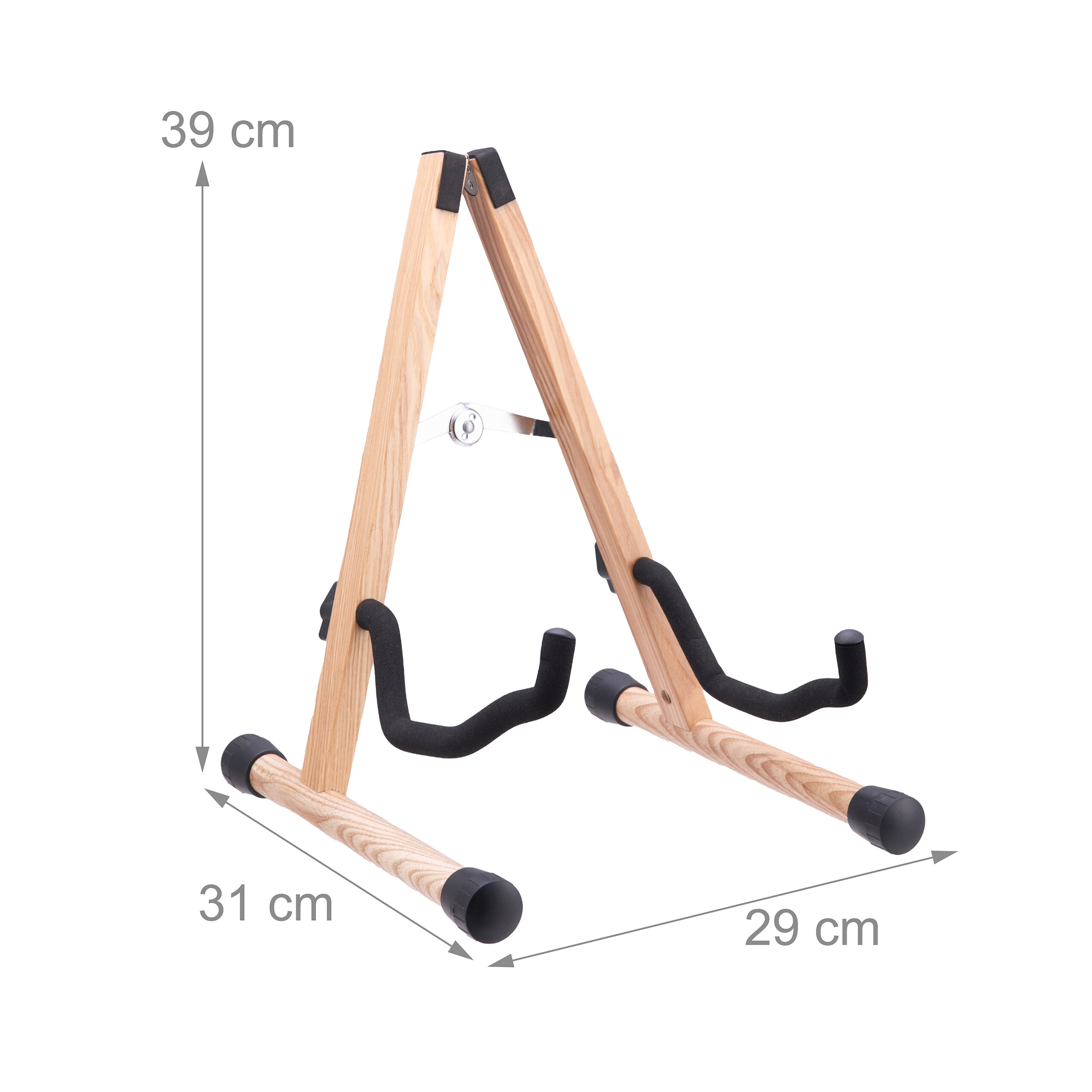 Holz Gitarrenständer mit Maßen: 39 cm Höhe, 31 cm Tiefe und 29 cm Breite, vor weißem Hintergrund.