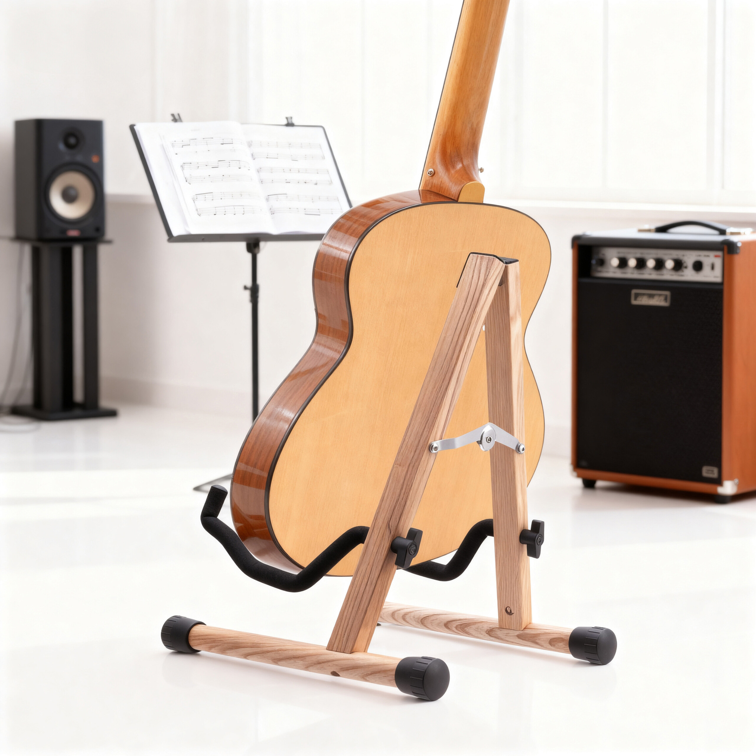Eine Akustikgitarre aus Holz auf einem Ständer in einem hellen Raum mit Notenständer, Lautsprecher und Verstärker.