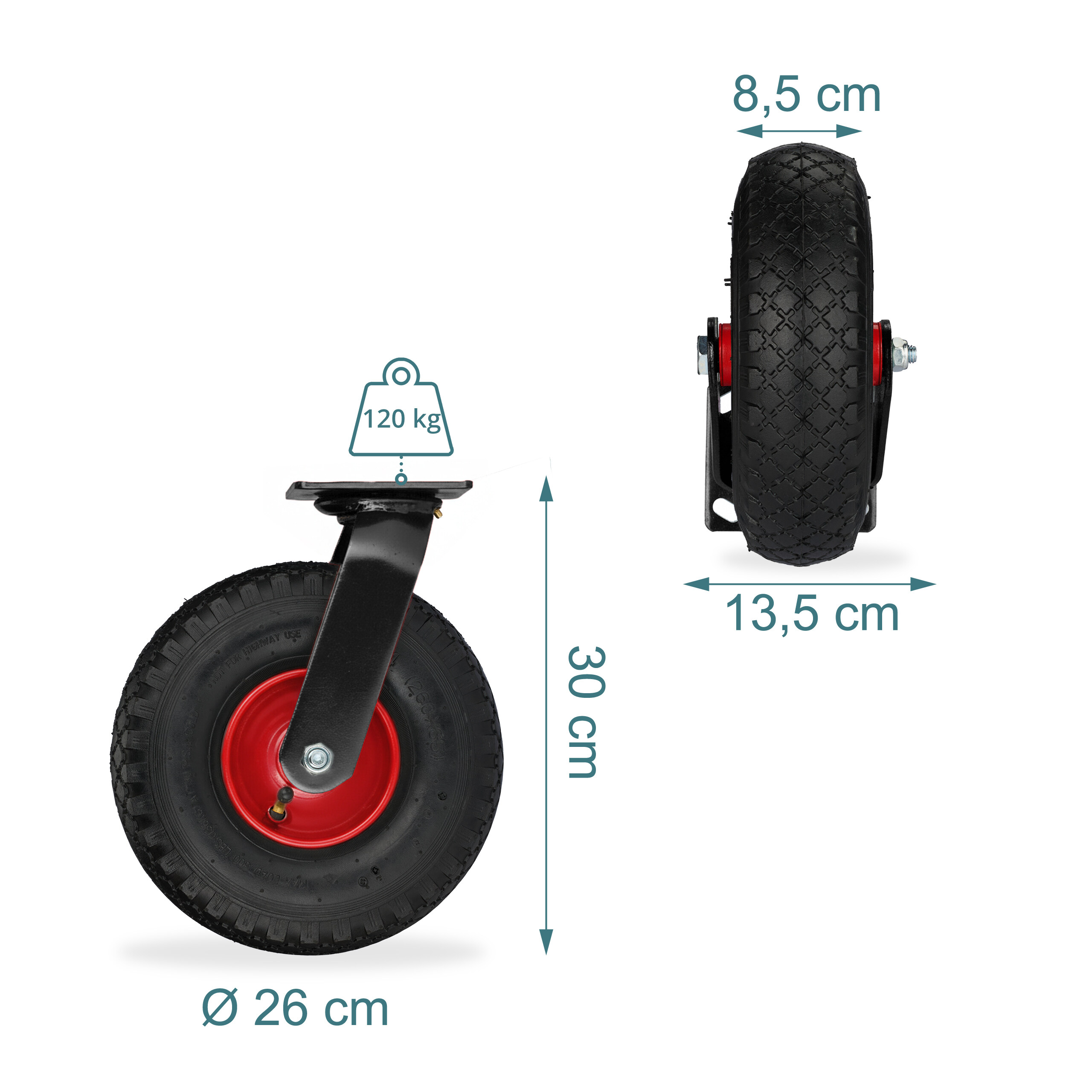 Schwarzes Schubkarrenrad mit roter Felge, Halterung und Maßangaben wie 26 cm Durchmesser und 120 kg Traglast.
