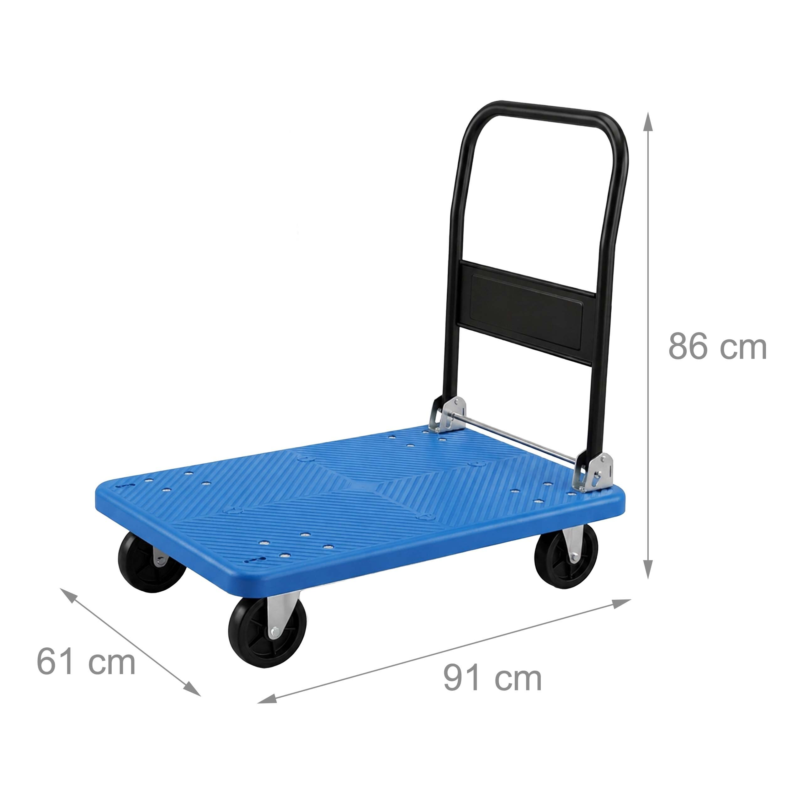 Ein blauer Plattformwagen mit schwarzem Klappgriff und vier Rädern, mit Abmessungen von 91 cm, 61 cm und 86 cm.