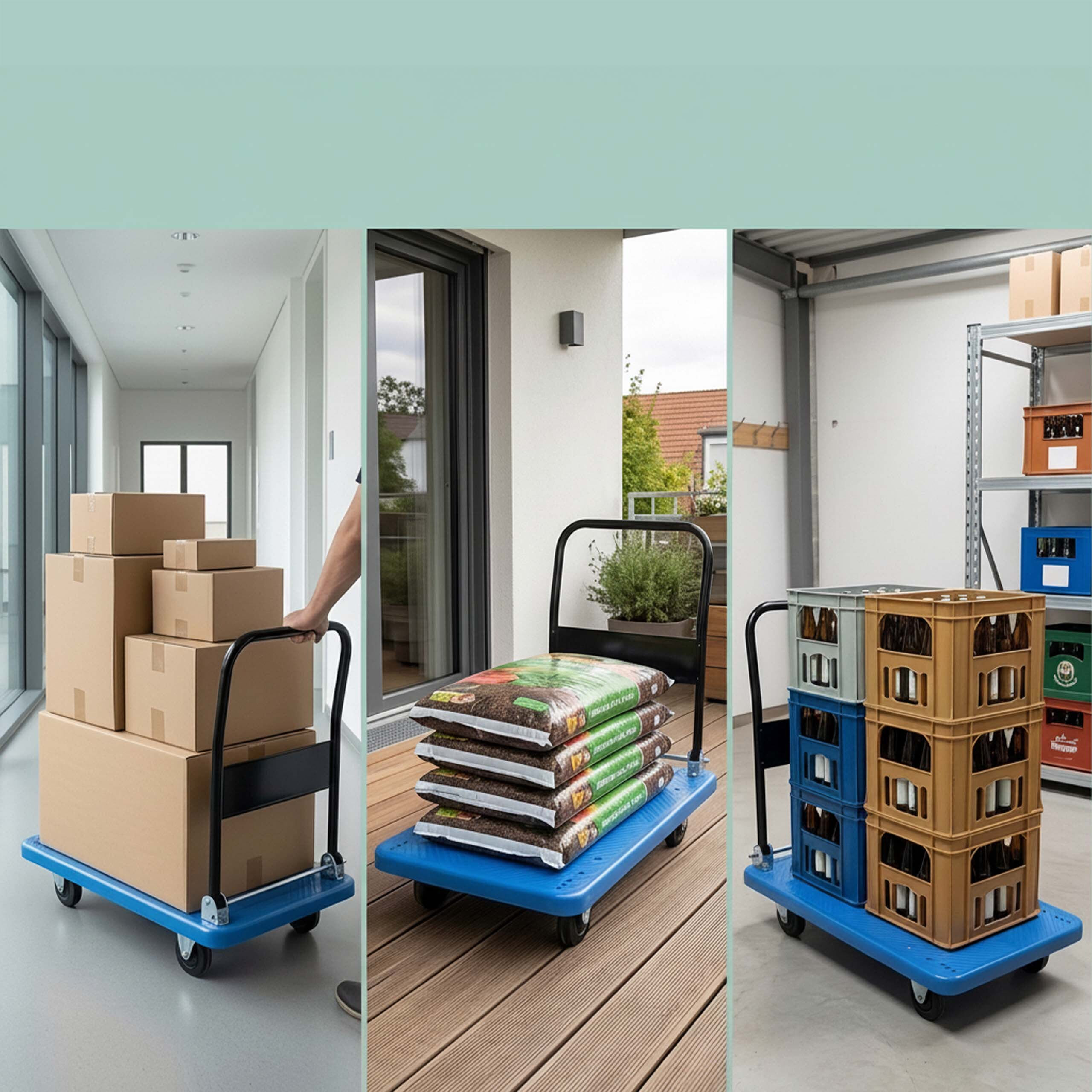Drei blaue Plattformwagen transportieren Kartons, Erdsäcke und Getränkekisten in verschiedenen Umgebungen.
