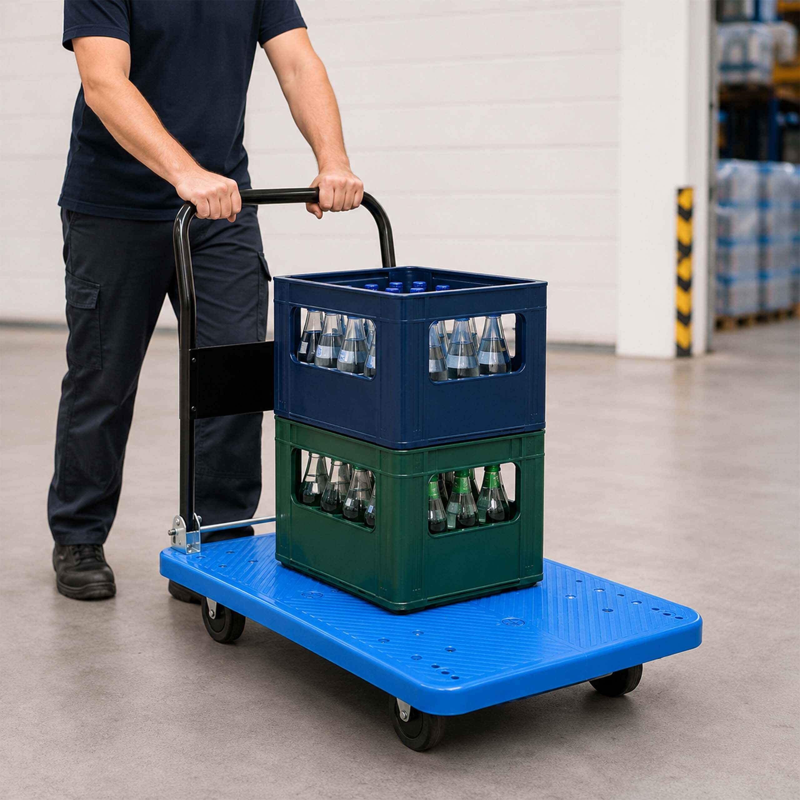 Ein Arbeiter schiebt einen blauen Plattformwagen mit gestapelten Flaschenkisten in einem Lager.