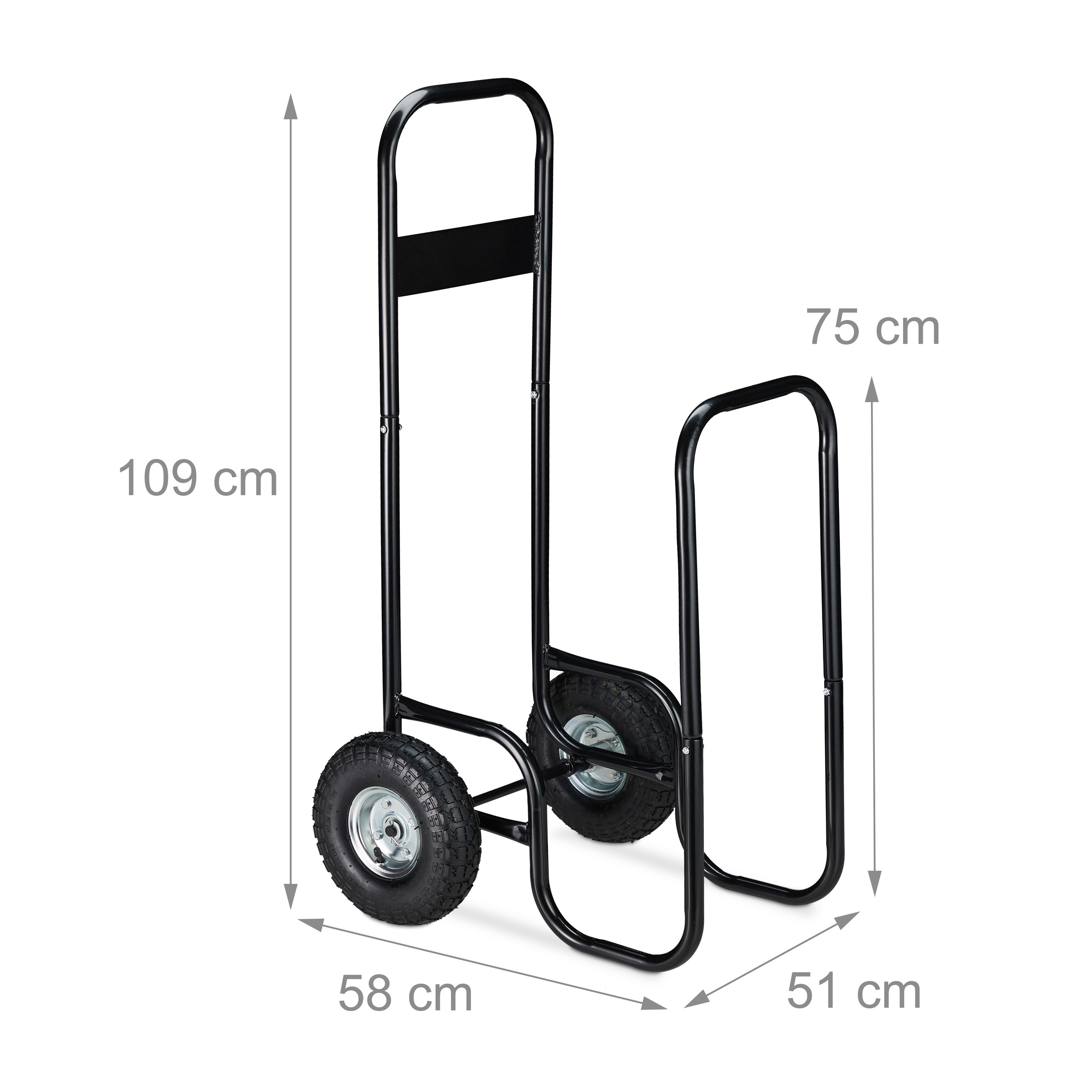 Eine schwarze Sackkarre aus Metall mit zwei großen Lufträdern und Maßen von 109 cm, 75 cm, 58 cm und 51 cm.
