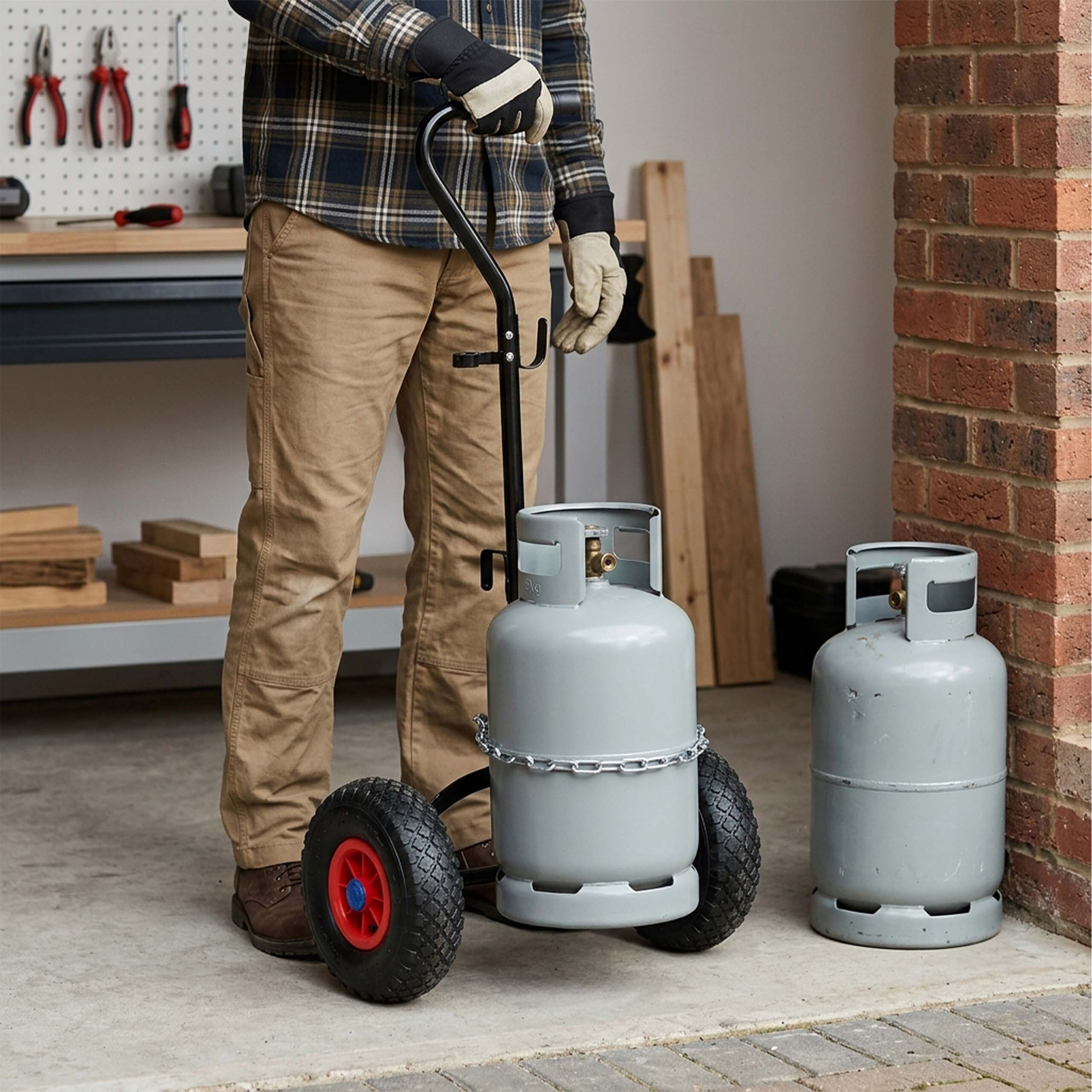 Ein Arbeiter in Werkstattkleidung transportiert eine graue Gasflasche auf einer zweirädrigen Sackkarre.