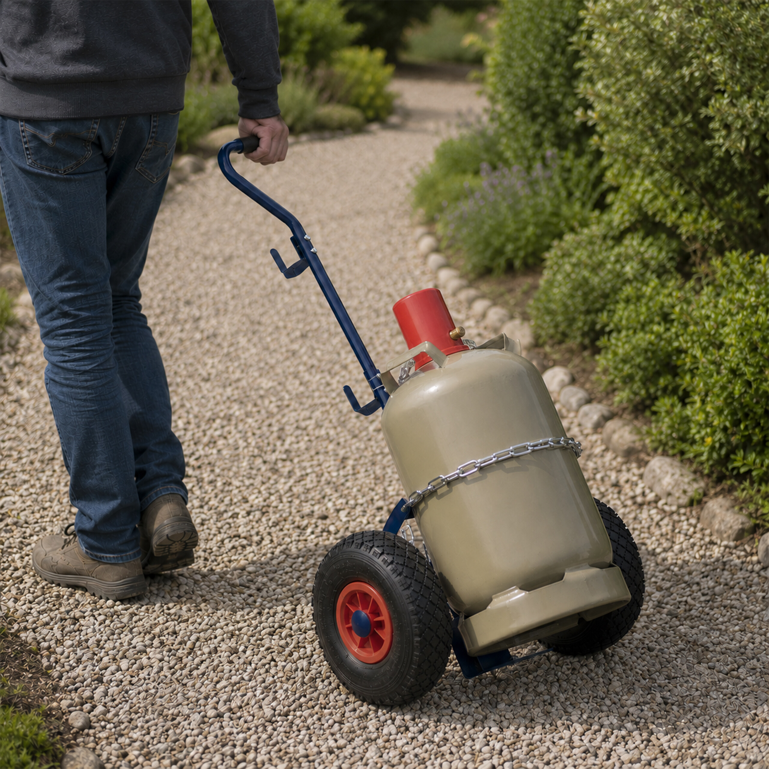 Ein Mensch zieht einen blauen Handwagen mit einer großen Gasflasche auf einem Kiesweg in einem Garten.