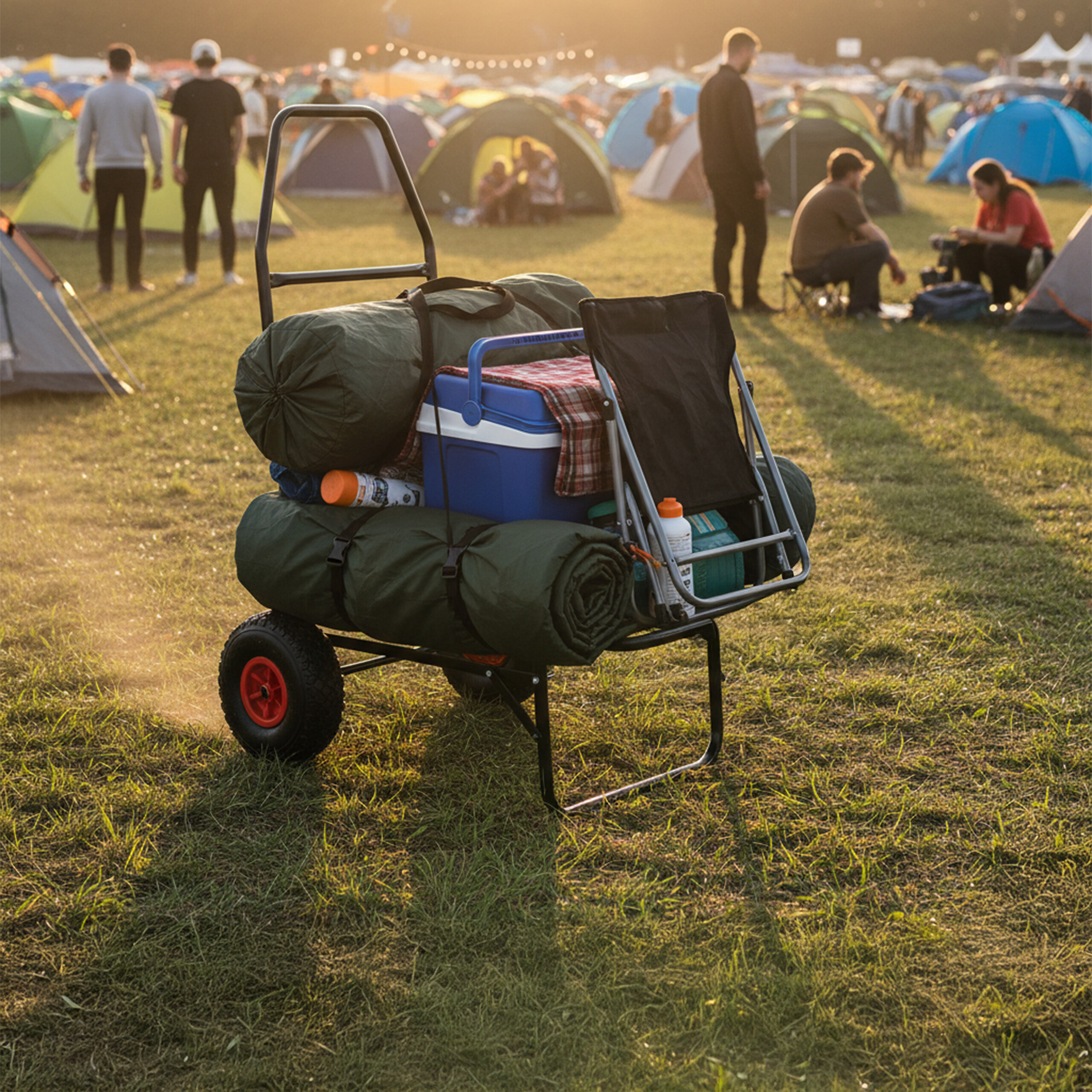 Ein beladener Campingwagen steht auf einer Wiese mit Zelten und Menschen im Hintergrund bei Tag.