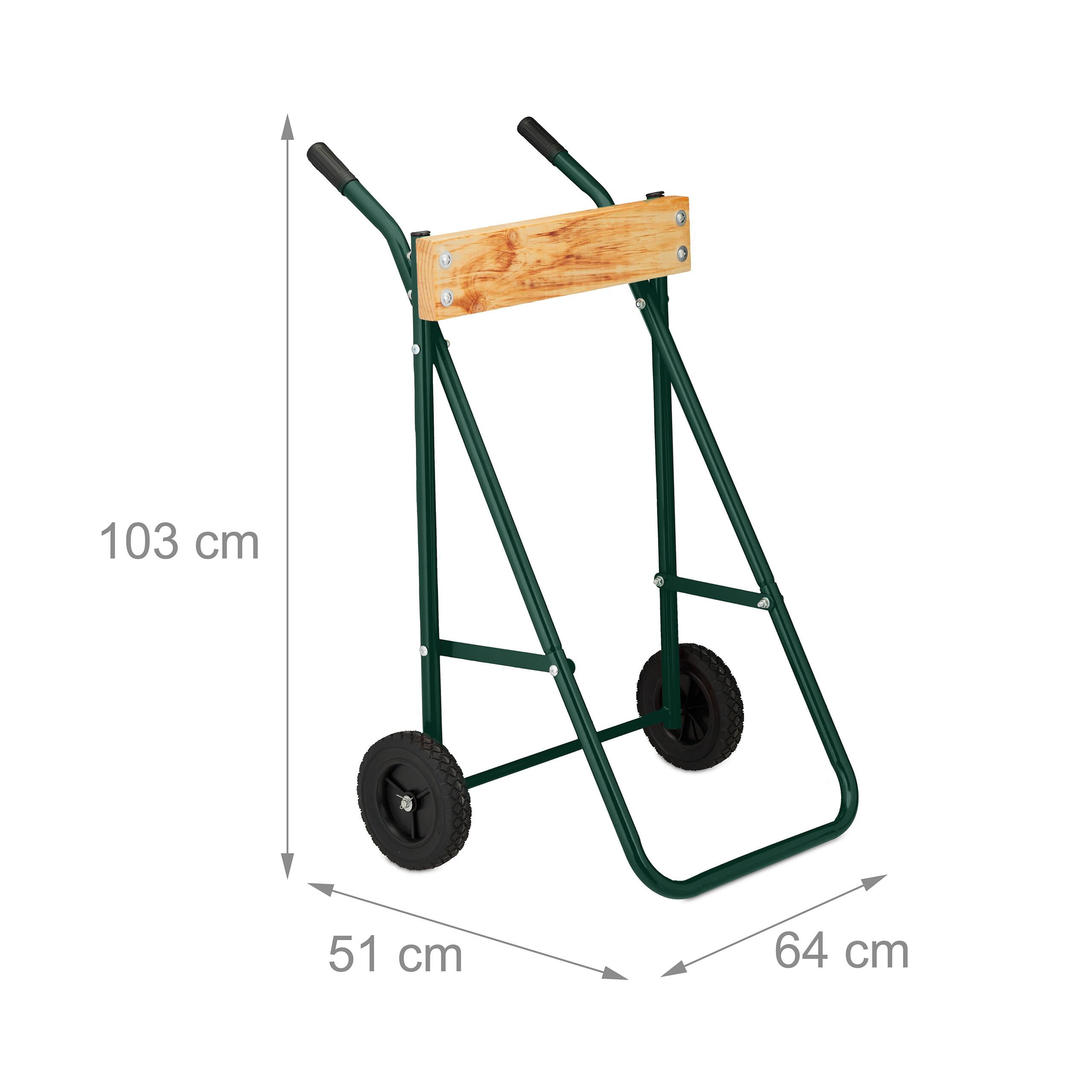 Grüne Sackkarre aus Metall mit Holzplanke und Maßen von 103x51x64 cm auf weißem Hintergrund.