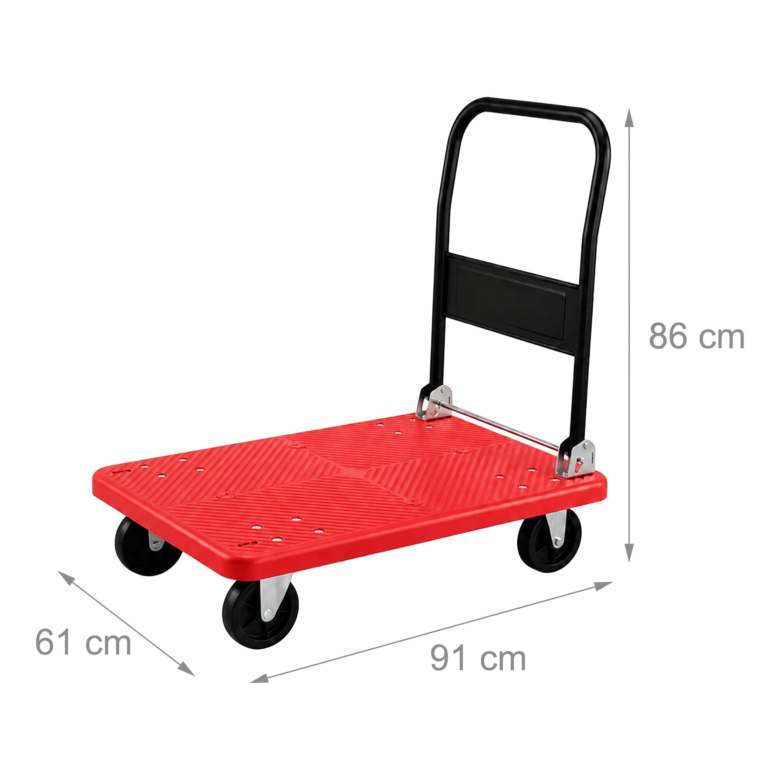 Ein roter Plattformwagen mit schwarzem Klappgriff und Maßen: 91 cm Länge, 61 cm Breite und 86 cm Höhe.
