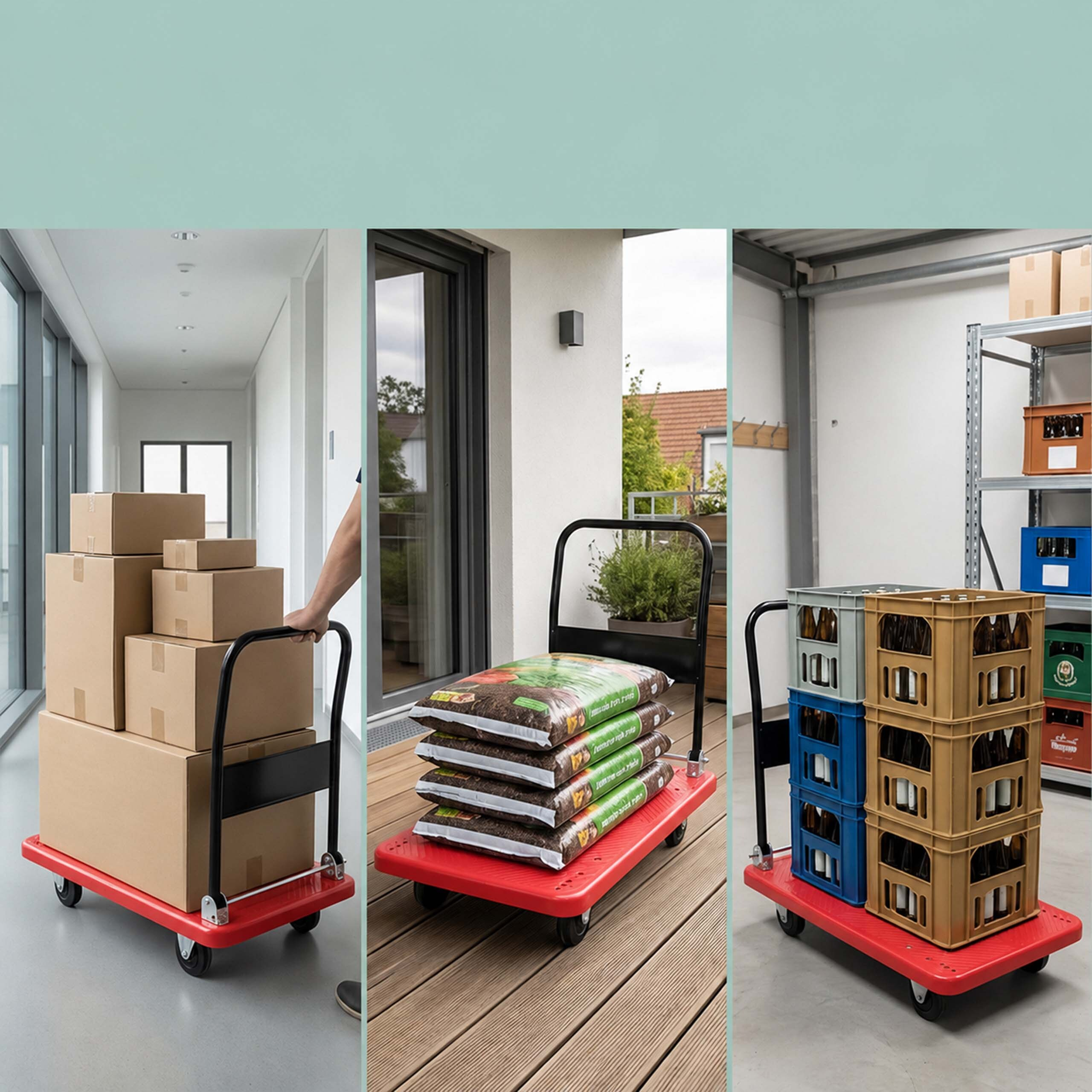 Drei Bilder zeigen einen roten Transportwagen, beladen mit Kartons, Pflanzenerde und Getränkekisten.