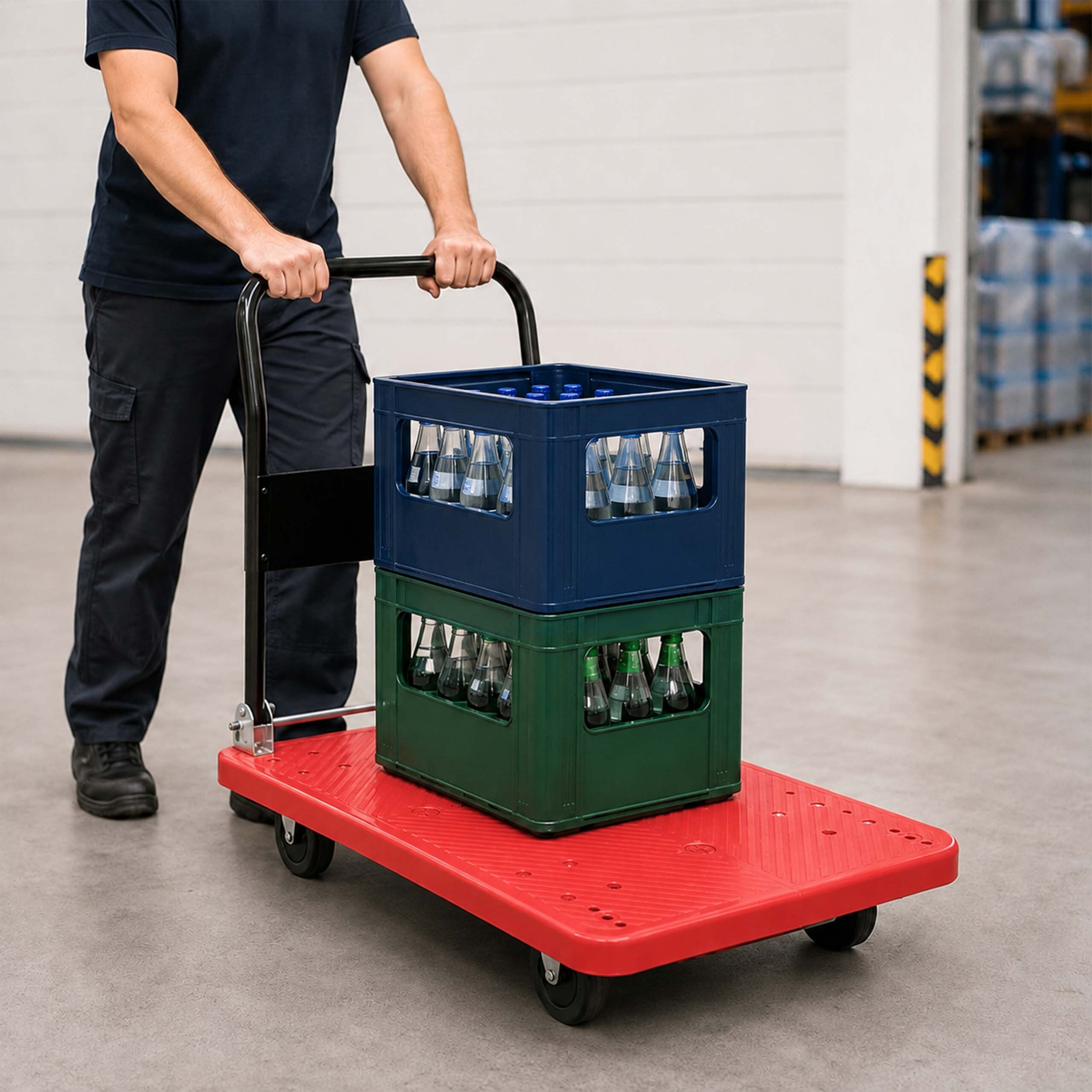 Ein Arbeiter schiebt einen roten Plattformwagen mit gestapelten blau-grünen Getränkekisten in einem Lager.