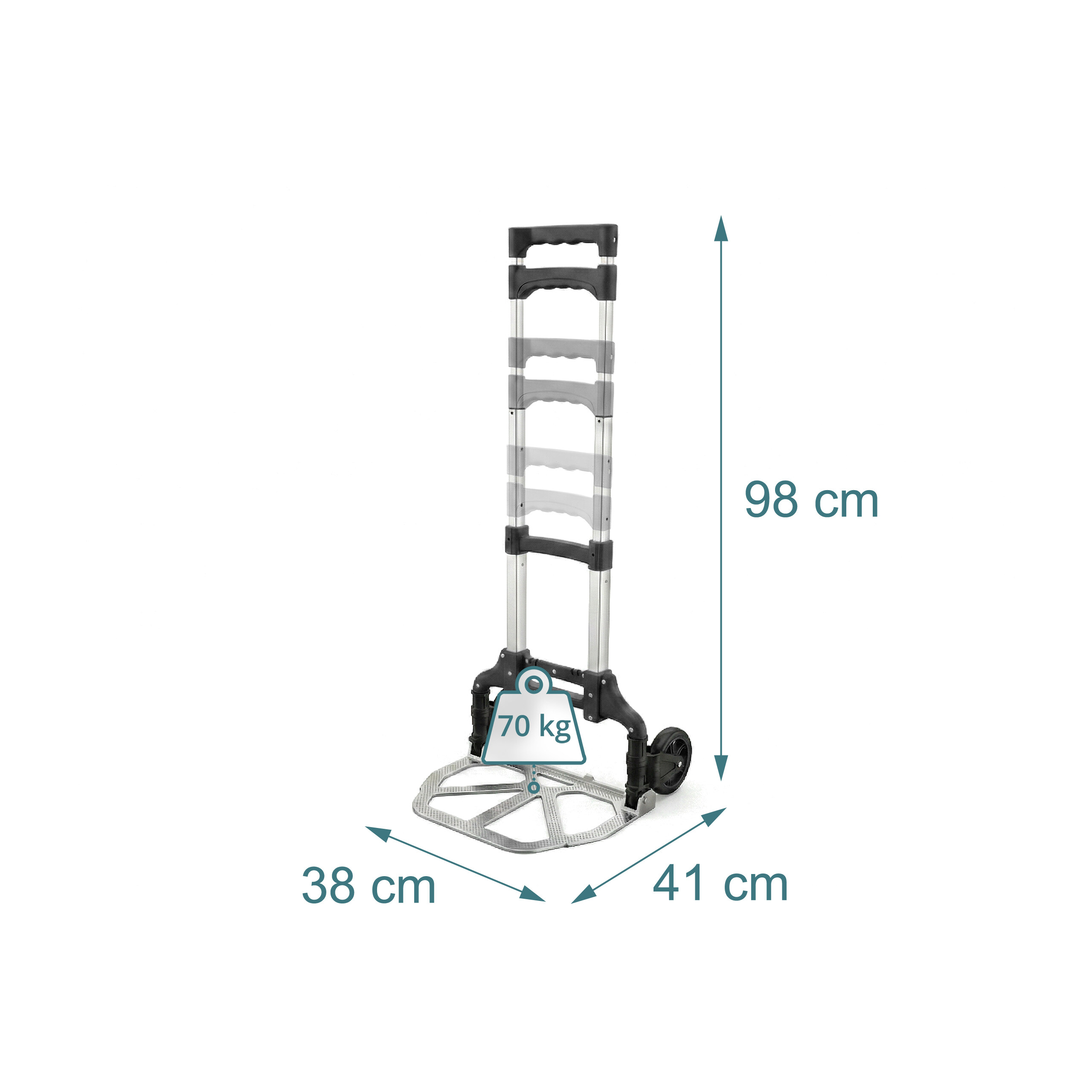 Klappbare Sackkarre aus Aluminium mit Maßen 98x38x41 cm und 70 kg Tragkraft.
