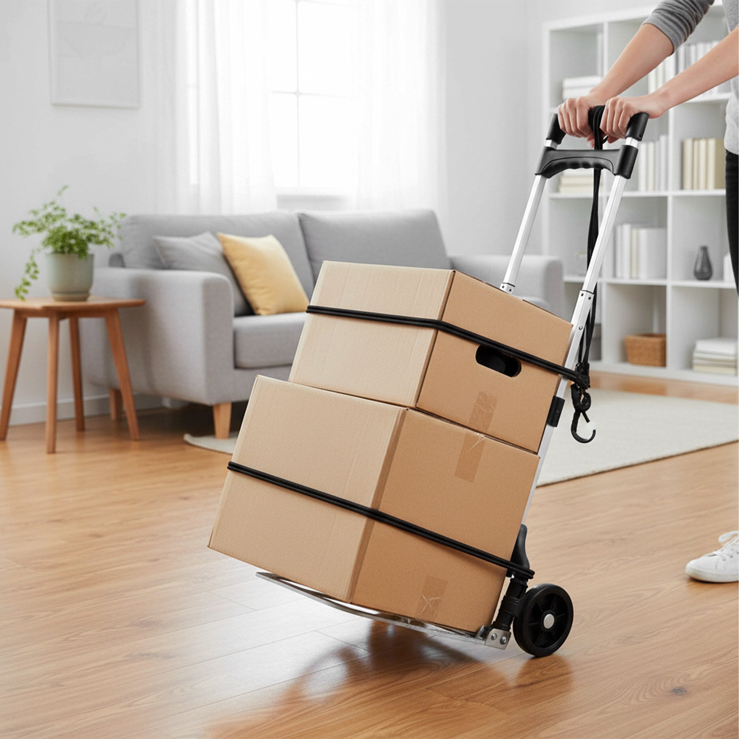 Eine Person zieht einen Handwagen mit zwei Pappkartons darauf in einem modernen Wohnzimmer.