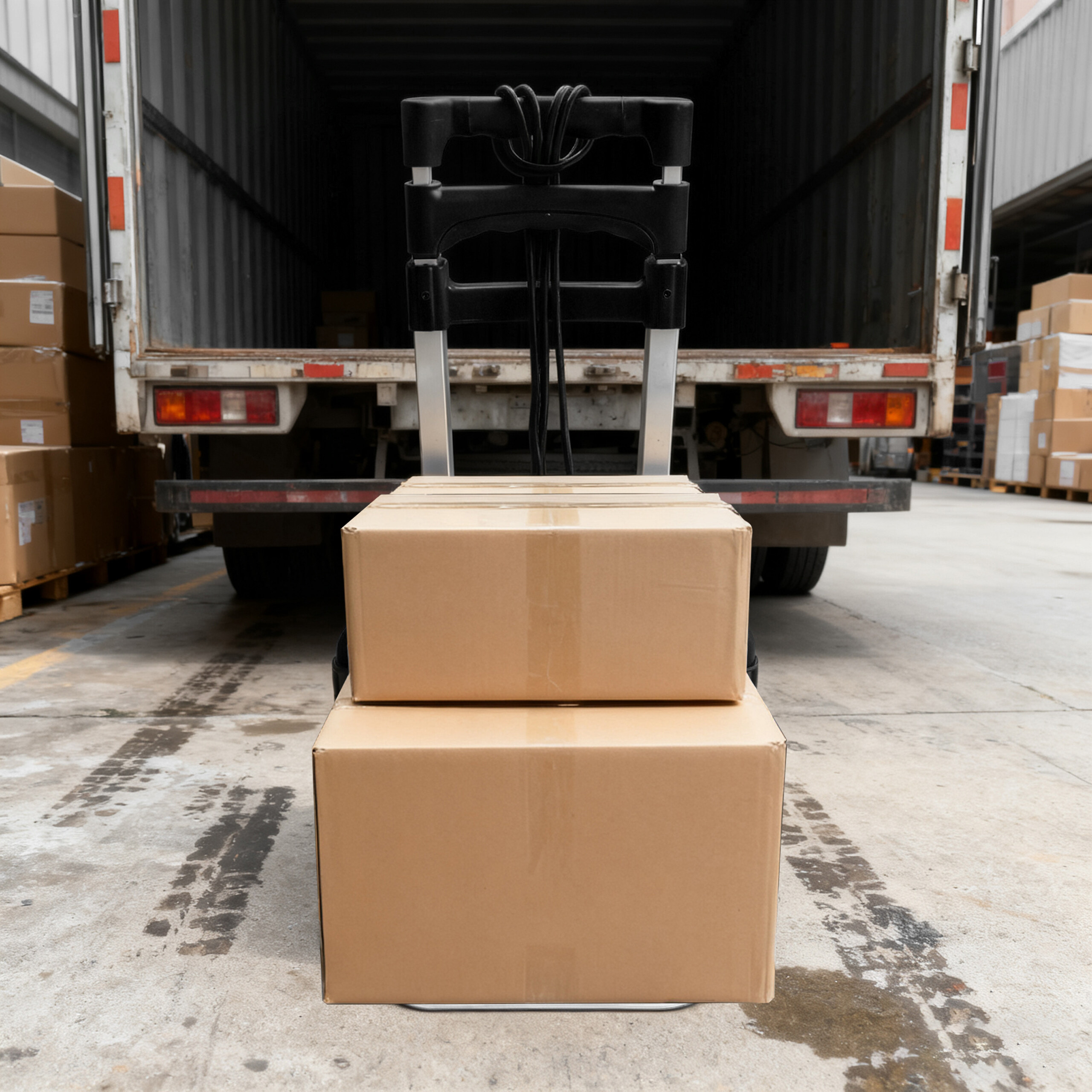 Zwei Pappkartons auf einer Sackkarre vor der offenen Ladefläche eines Lastwagens.
