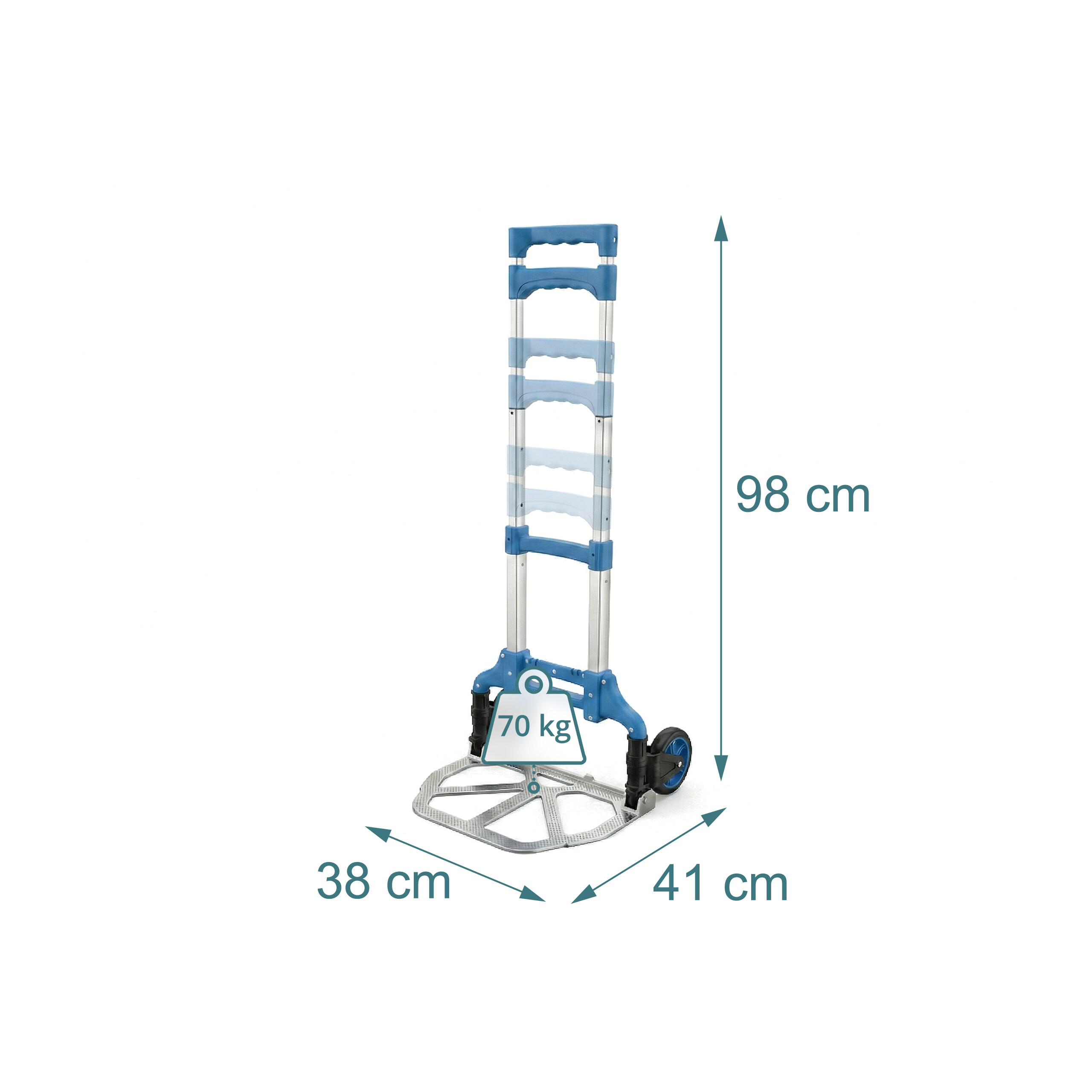 Faltbare blaue Sackkarre mit Maßen: Höhe 98 cm, Breite 41 cm, Tiefe 38 cm, Tragkraft 70 kg.