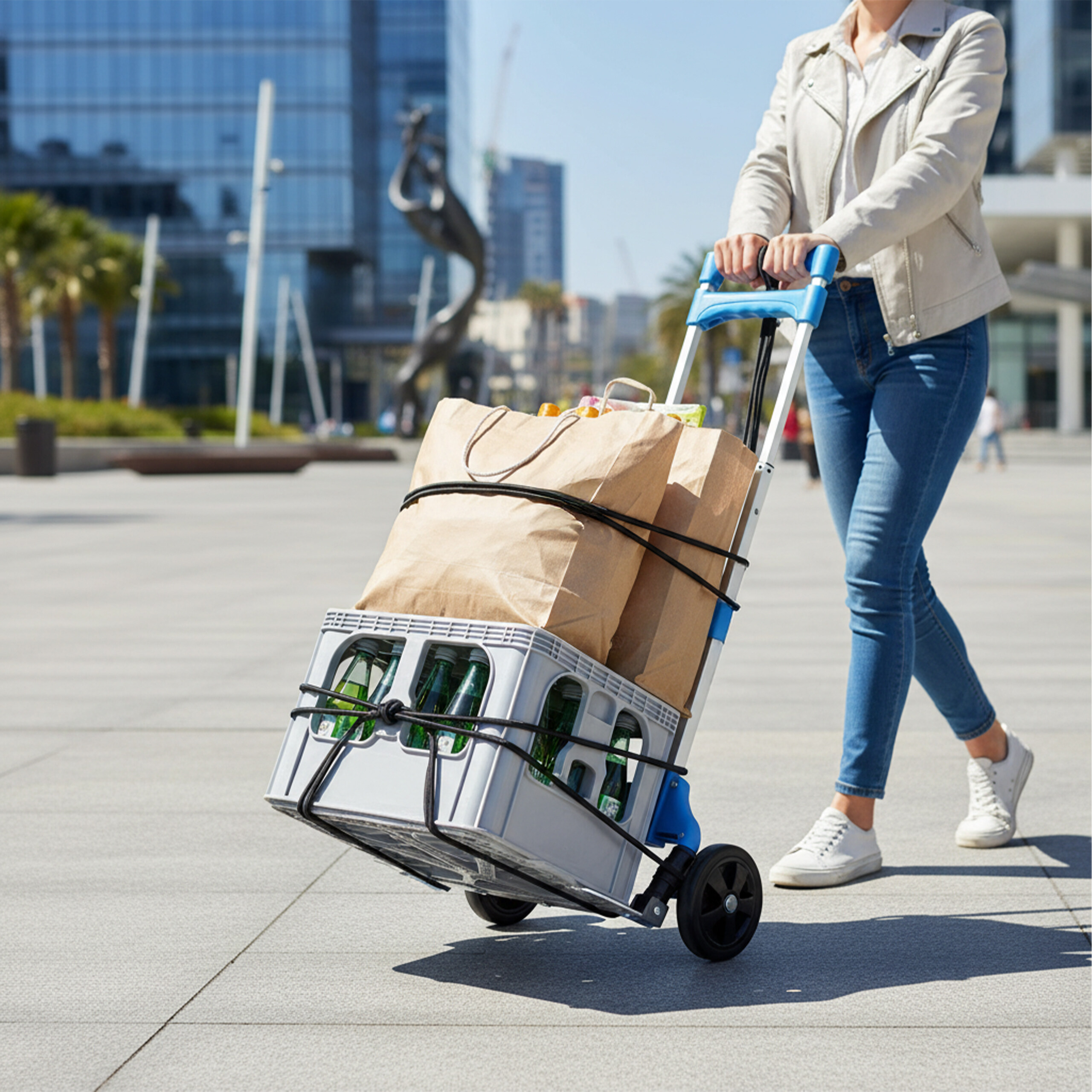 Eine Frau zieht einen Handwagen mit grünen Flaschen und Papiertüten auf einem Stadtplatz.