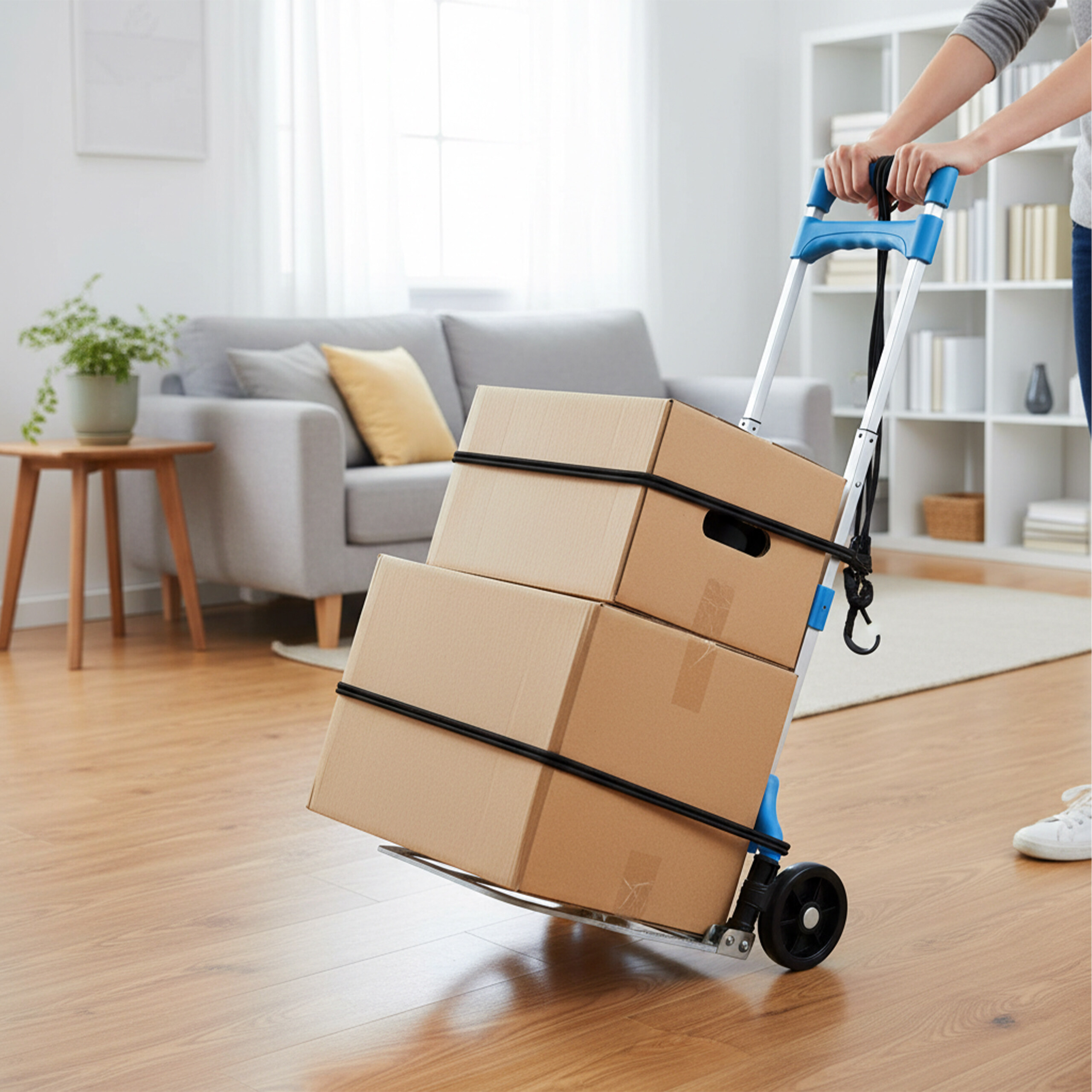 Eine Person zieht eine blaue Sackkarre mit zwei Pappkartons über einen Wohnraumboden.