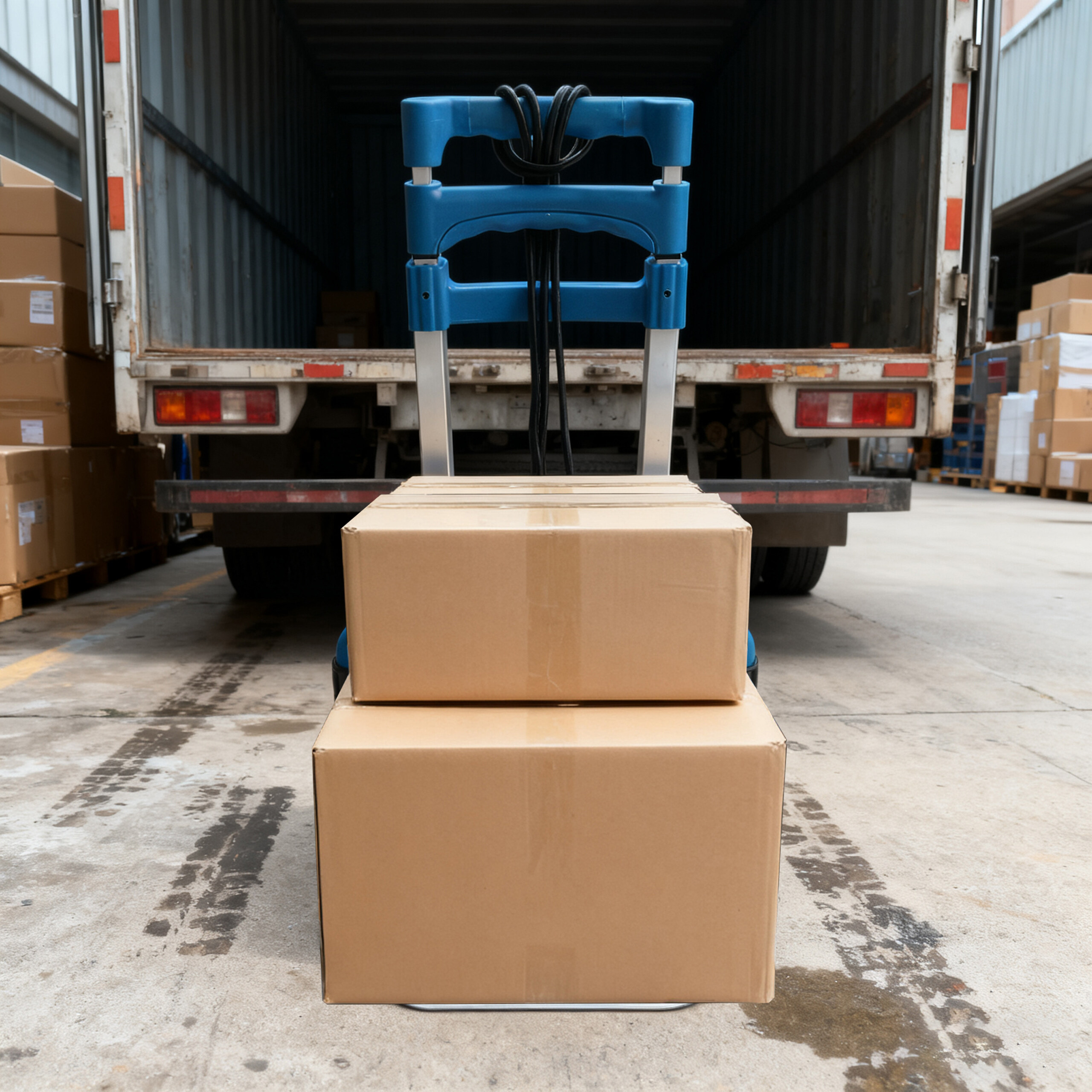 Ein blauer Handwagen mit zwei braunen Kartons steht vor der offenen Ladefläche eines Lacks.