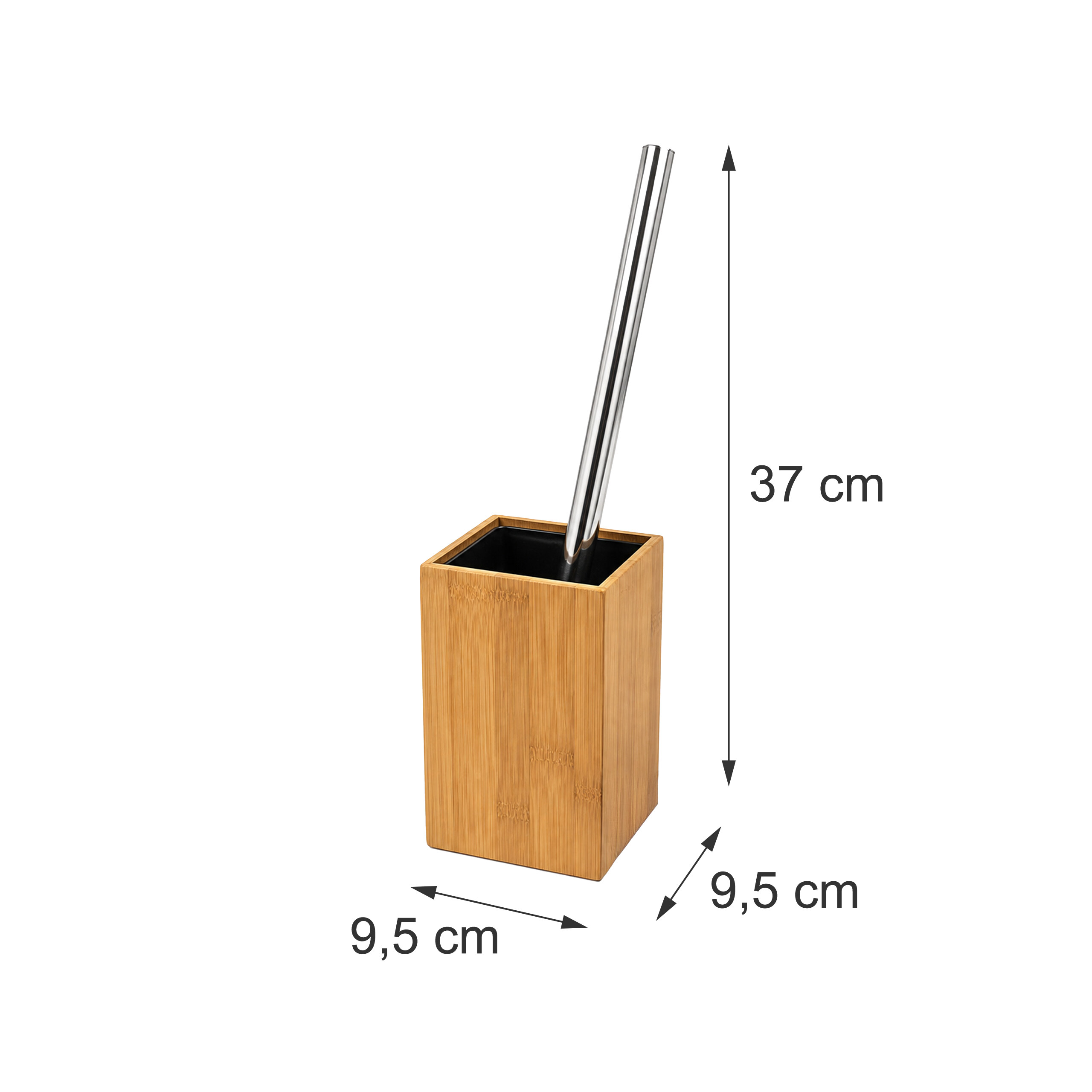 Eckiger Toilettenbürstenhalter aus Bambus mit Metallstiel, Maße: 37cm Höhe und 9,5cm Seiten.