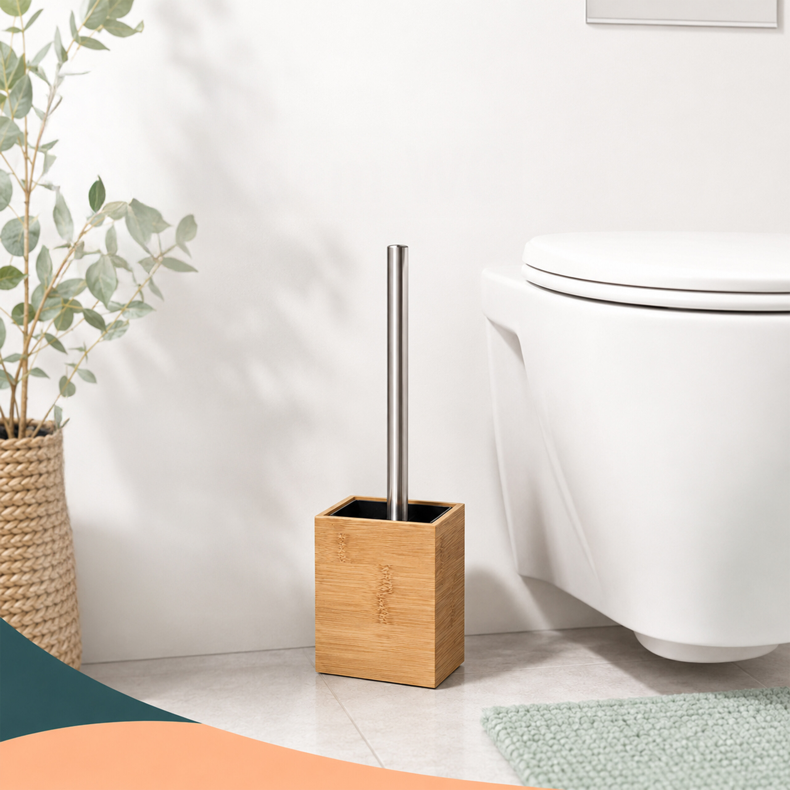 Eine Toilettenbürste mit Edelstahlstiel und Holzbehälter steht in einem hellen Badezimmer neben einer Toilette.