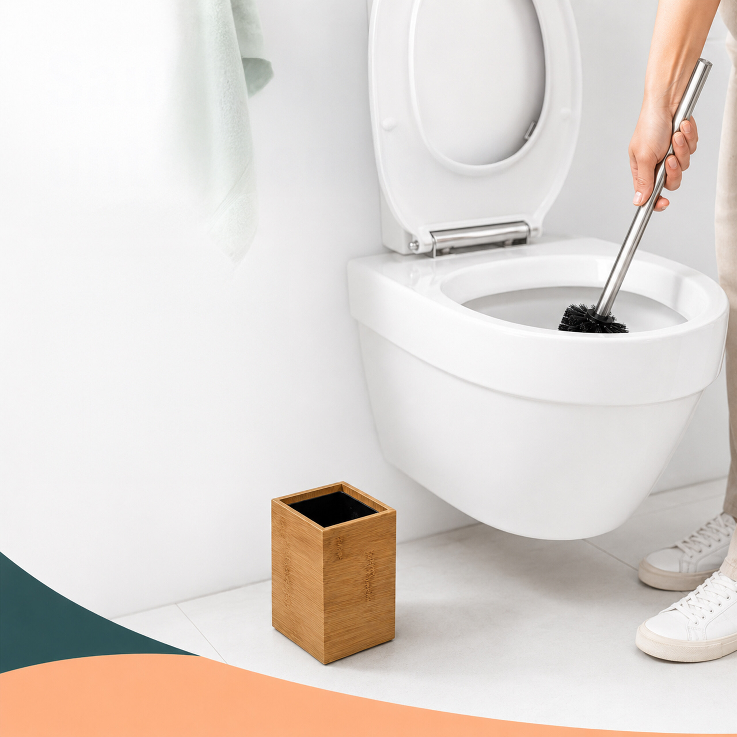 Eine Person reinigt eine weiße Toilette mit einer Bürste in einem hellen Badezimmer.