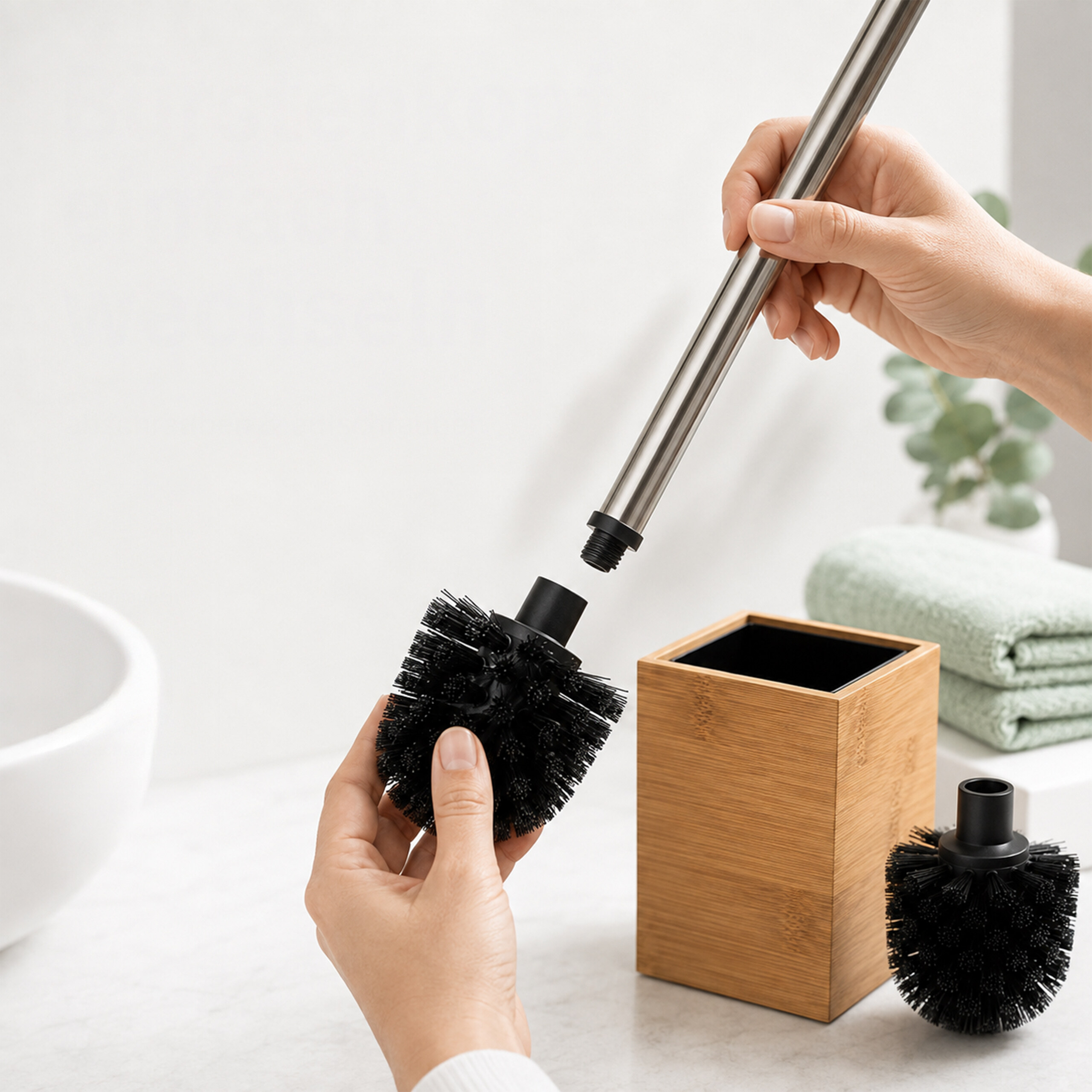 Hände schrauben den Stiel auf eine schwarze WC-Bürste. Rechts stehen ein Holzhalter, Ersatzkopf und Handtücher.