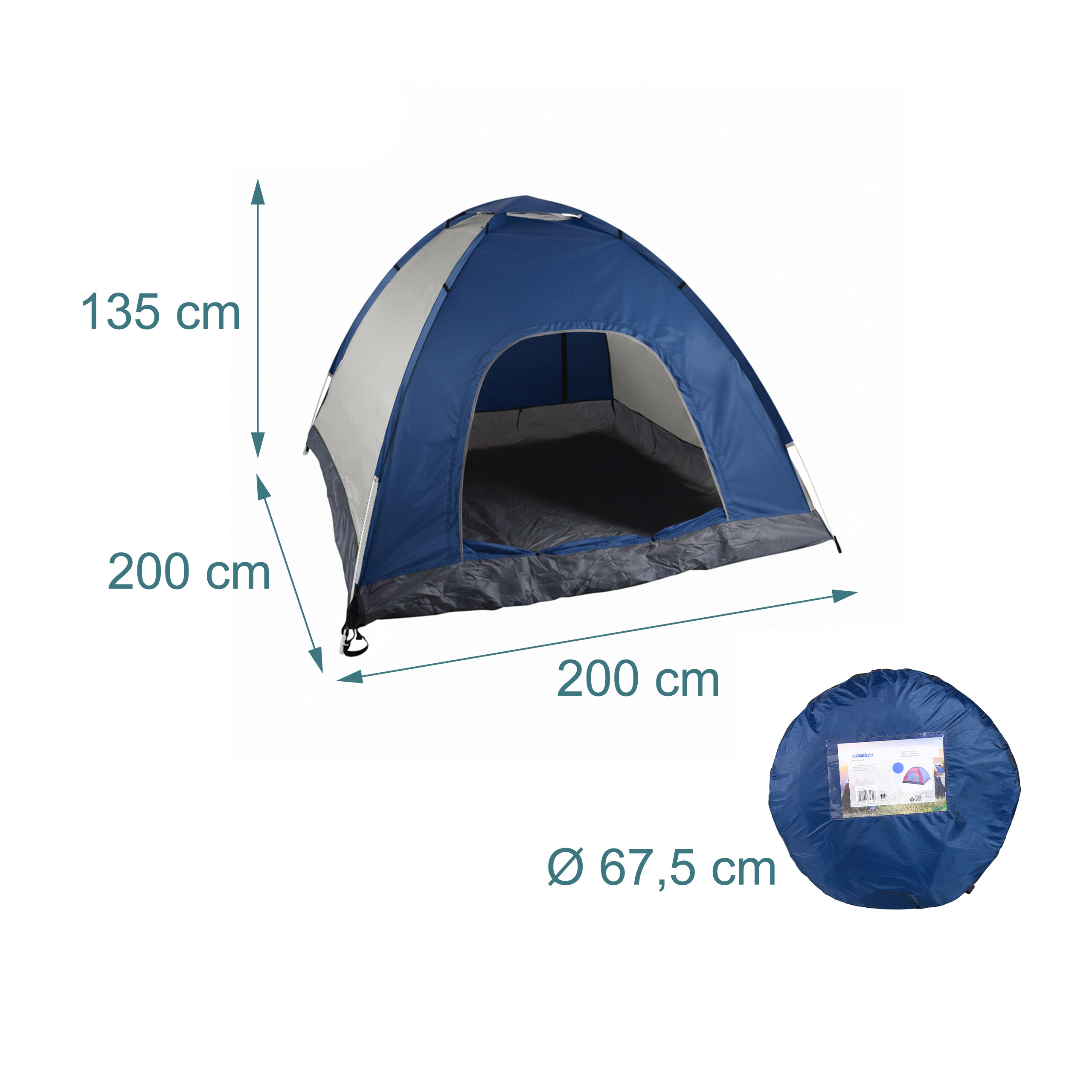 Ein blau-graues Pop-Up-Zelt mit Maßangaben von 200x200x135 cm und einer runden Tragetasche mit 67,5 cm Durchmesser.