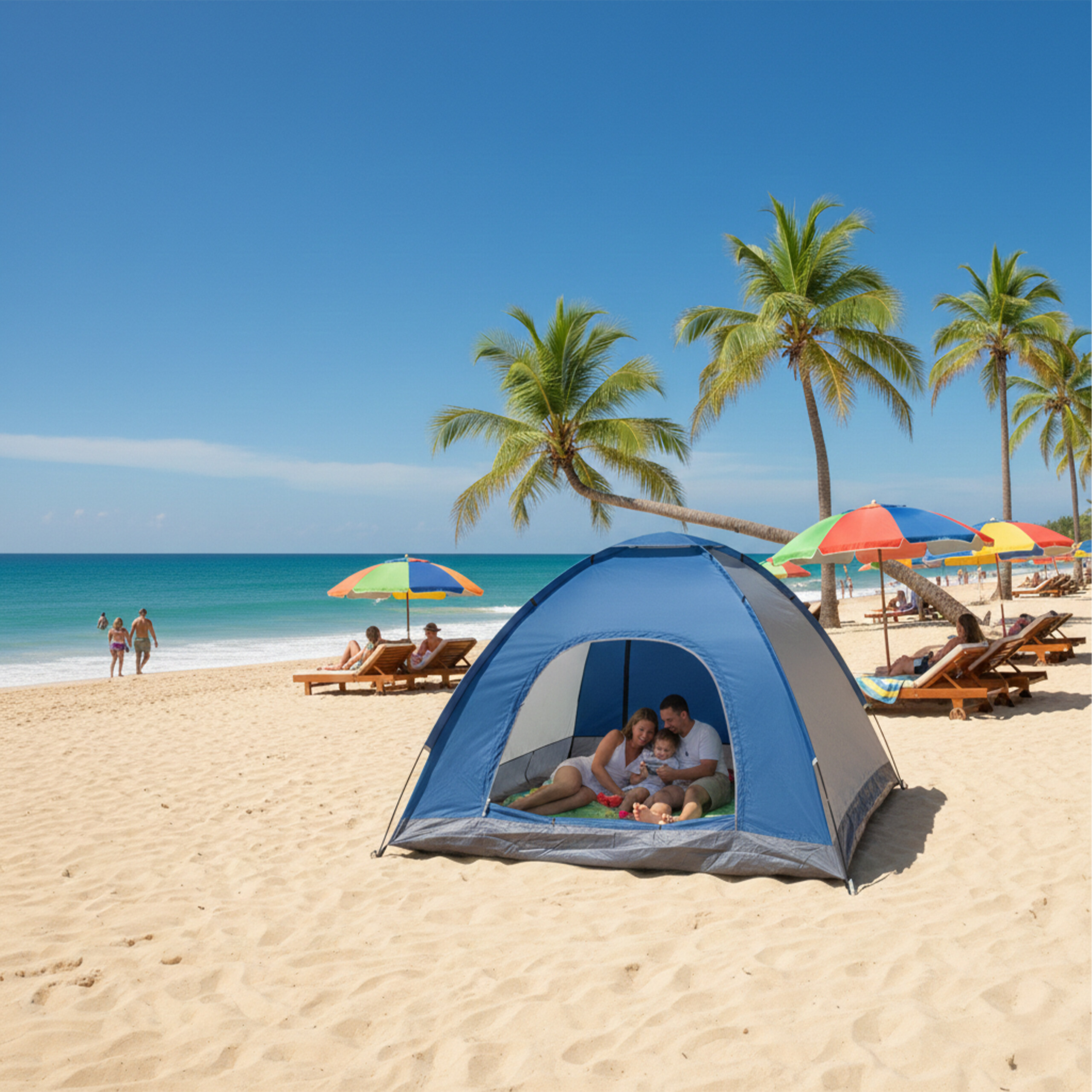 Eine Familie campt in einem blauen Zelt am sonnigen Sandstrand mit Palmen und azurblauem Meer.