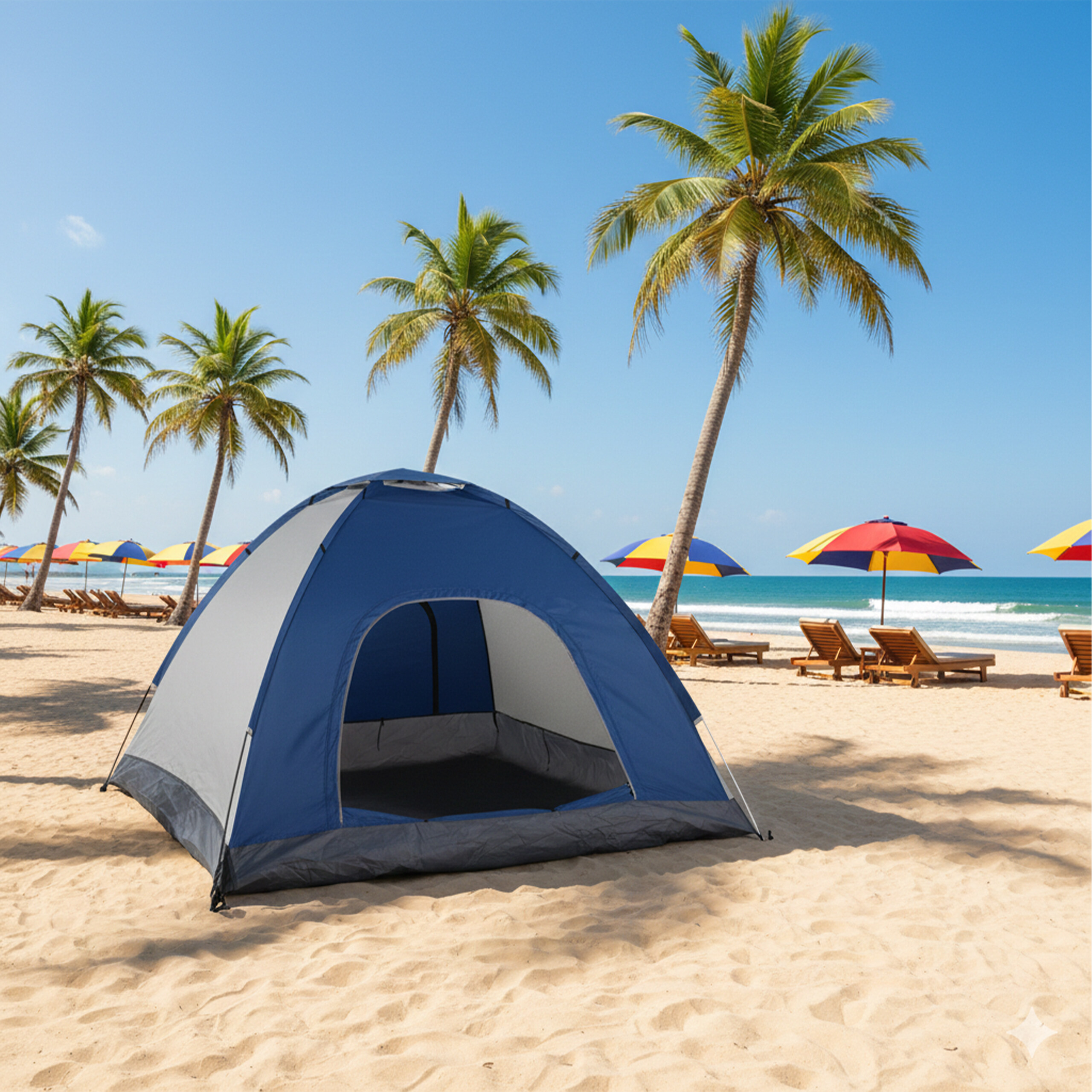Ein blau-weißes Zelt steht auf einem sandigen Strand unter Palmen mit Blick auf das Meer und Liegestühle.
