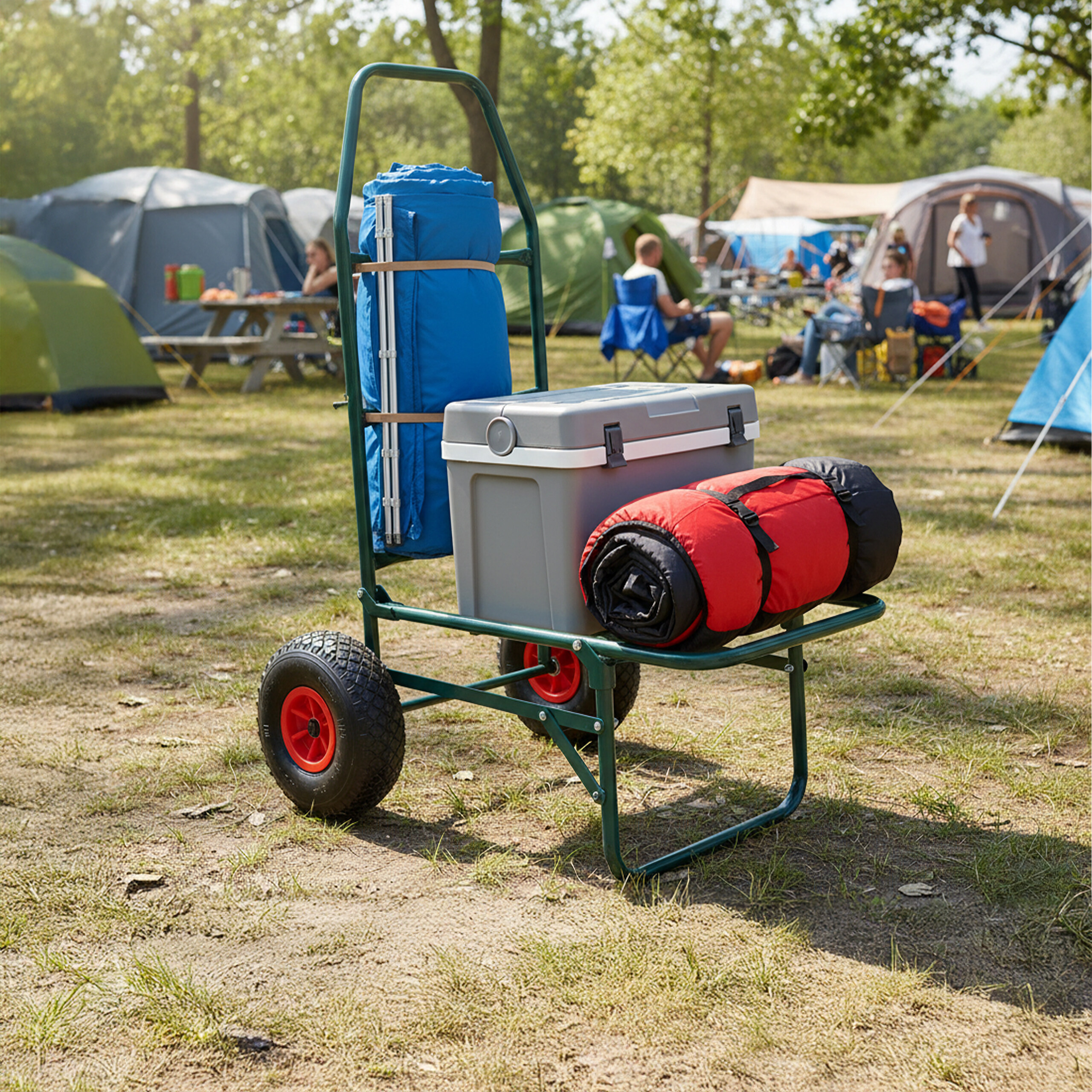 Ein grüner Transportwagen mit Kühlbox, Schlafsack und Zelt auf einem Campingplatz.