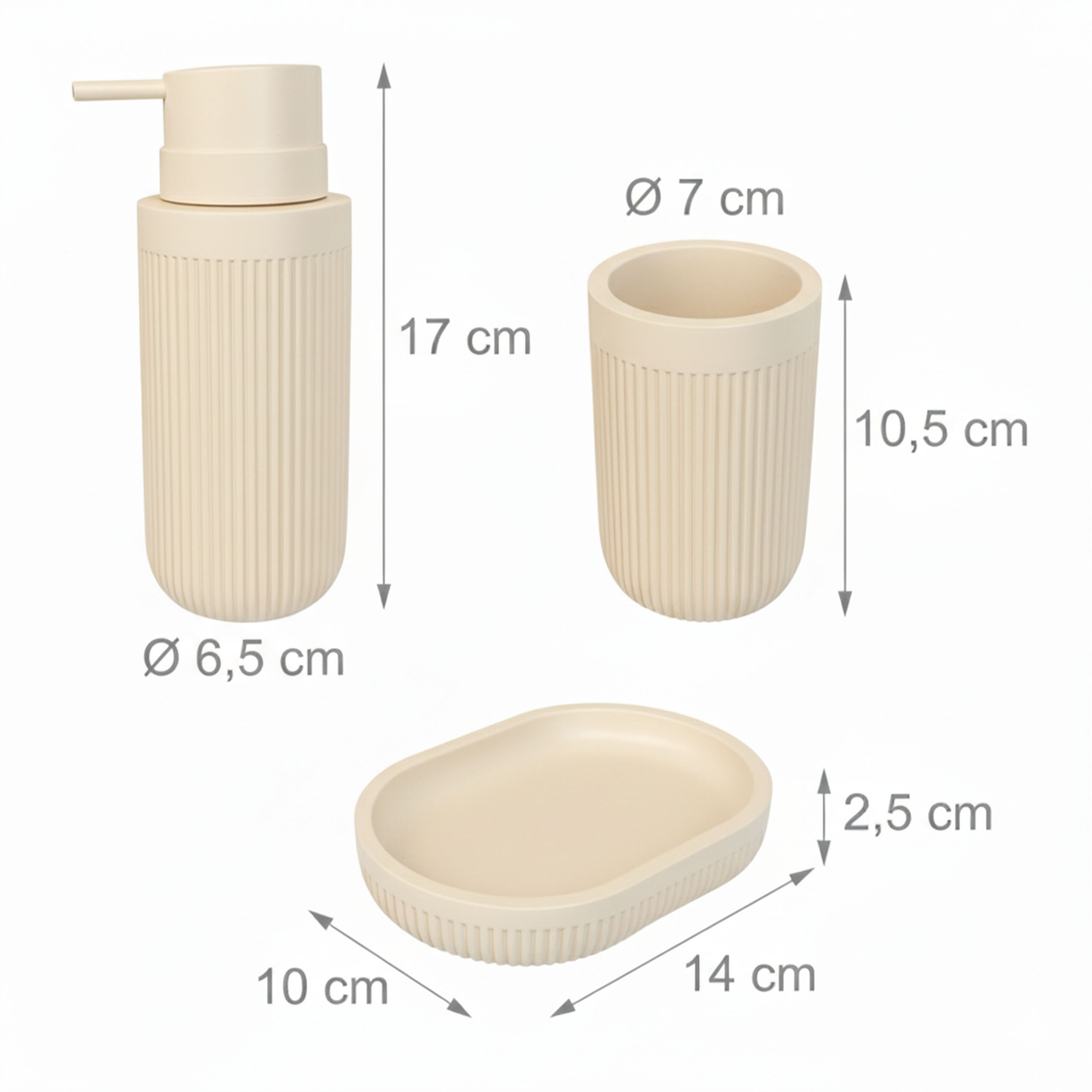 Beiges Bad-Set aus Seifenspender, Becher und Seifenschale mit Maßangaben.