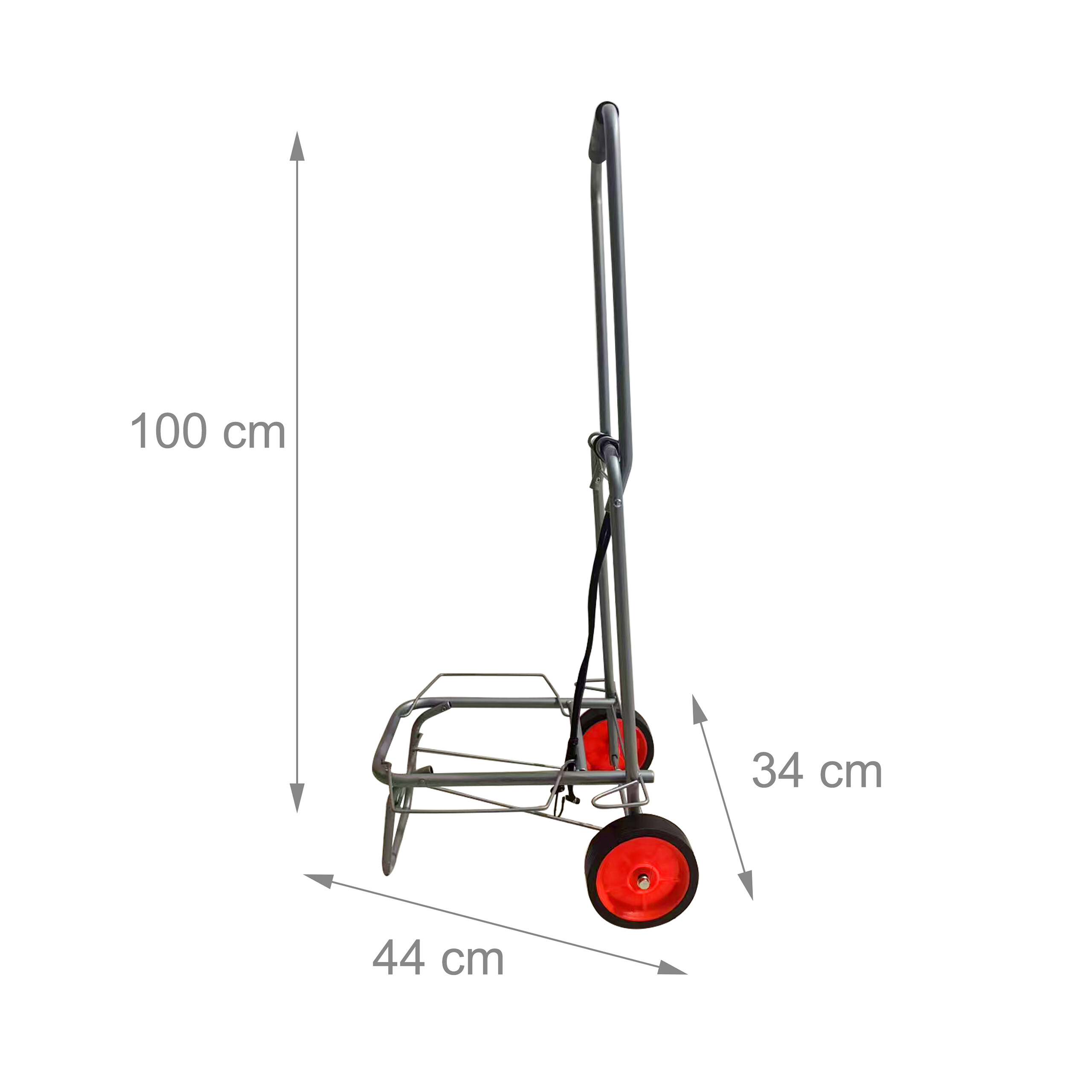 Klappbare Sackkarre aus Metall mit roten Rädern und Maßangaben von 100 cm Höhe, 34 cm Breite und 44 cm Tiefe.