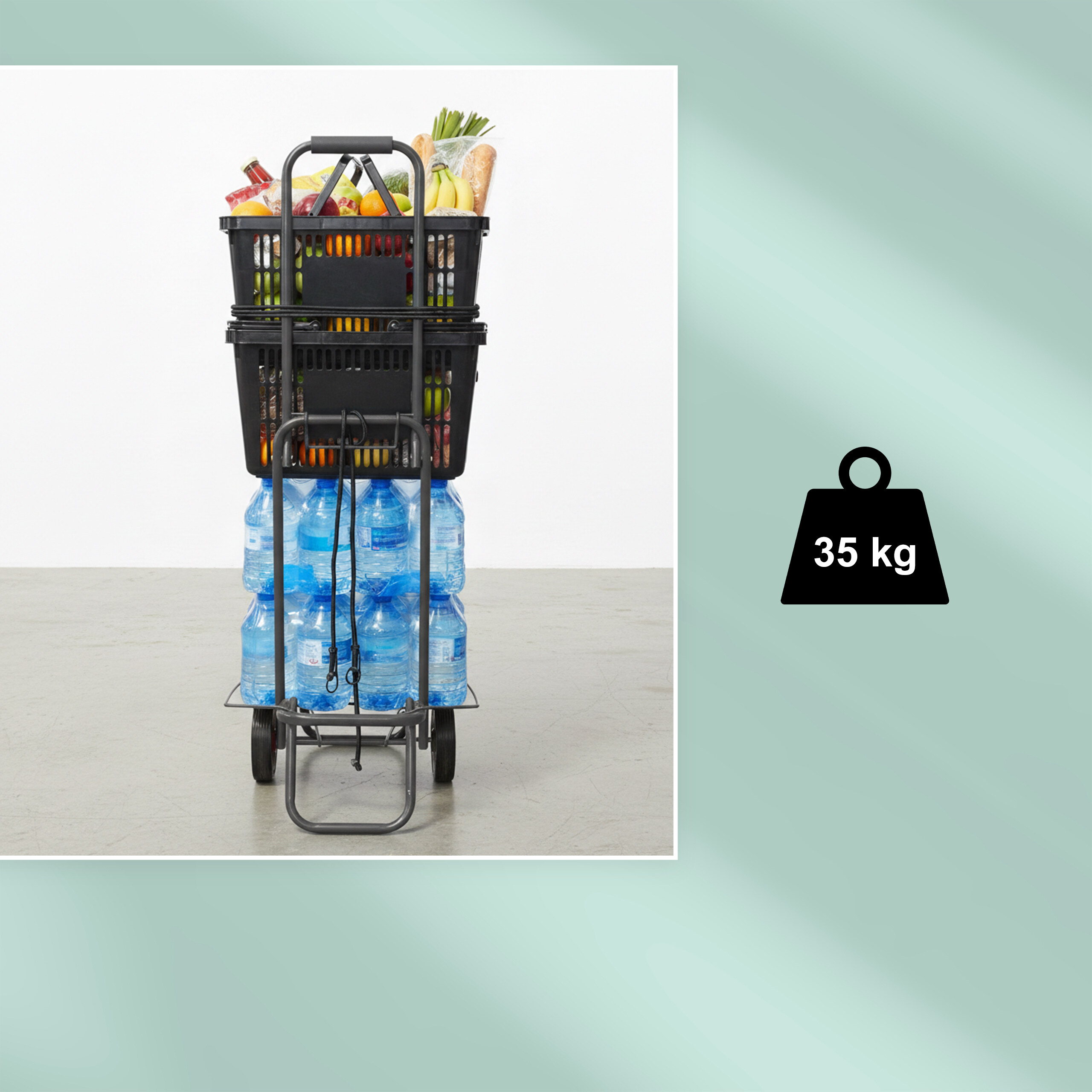 Eine Sackkarre mit zwei übereinandergestapelten schwarzen Kisten voller Lebensmittel und Wasserflaschen, mit 35 kg Symbol.