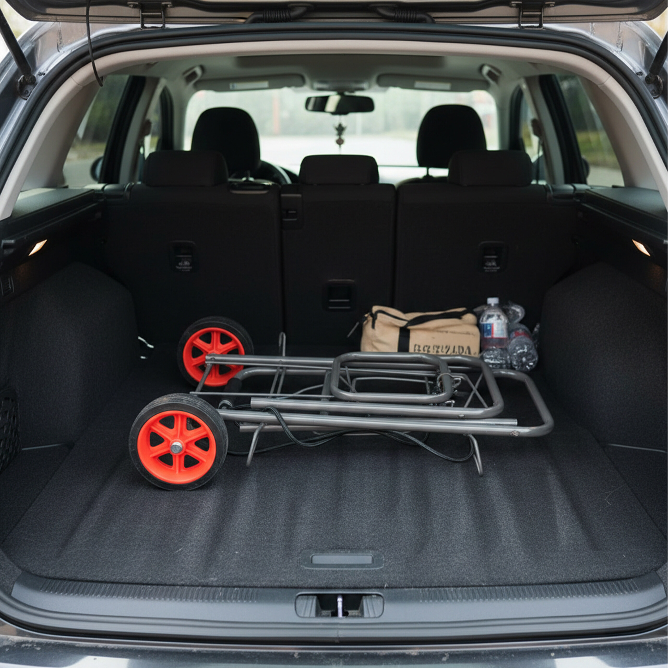 Zusammengeklappter grauer Wagen mit roten Rädern und Tasche im Kofferraum.