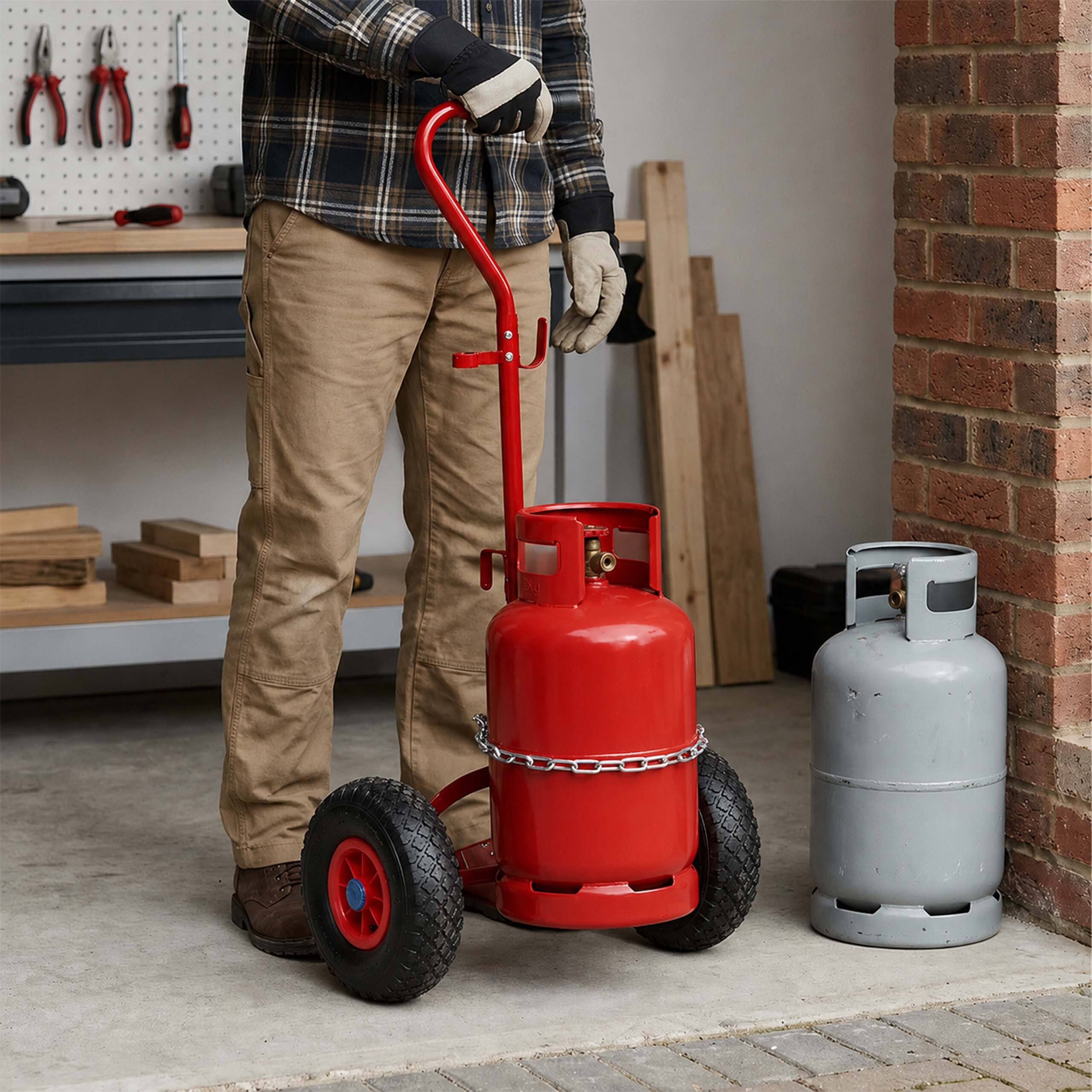 Ein Arbeiter in Werkstatt transportiert eine rote Gasflasche auf einem Sackkarren neben einer grauen Flasche.