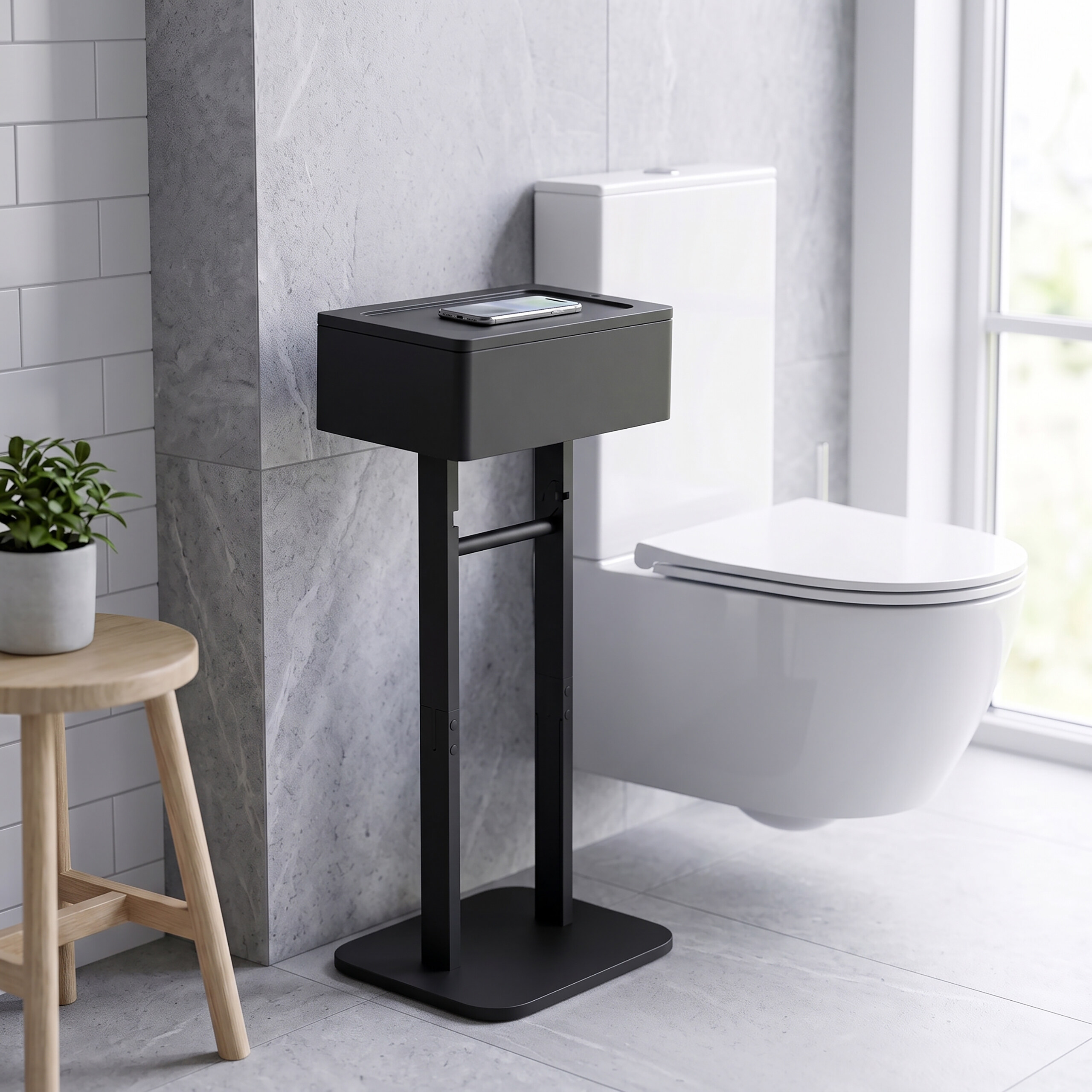 Ein moderner schwarzer Standbehälter mit Ablagefläche steht in einem hellen Badezimmer vor einer Toilette.
