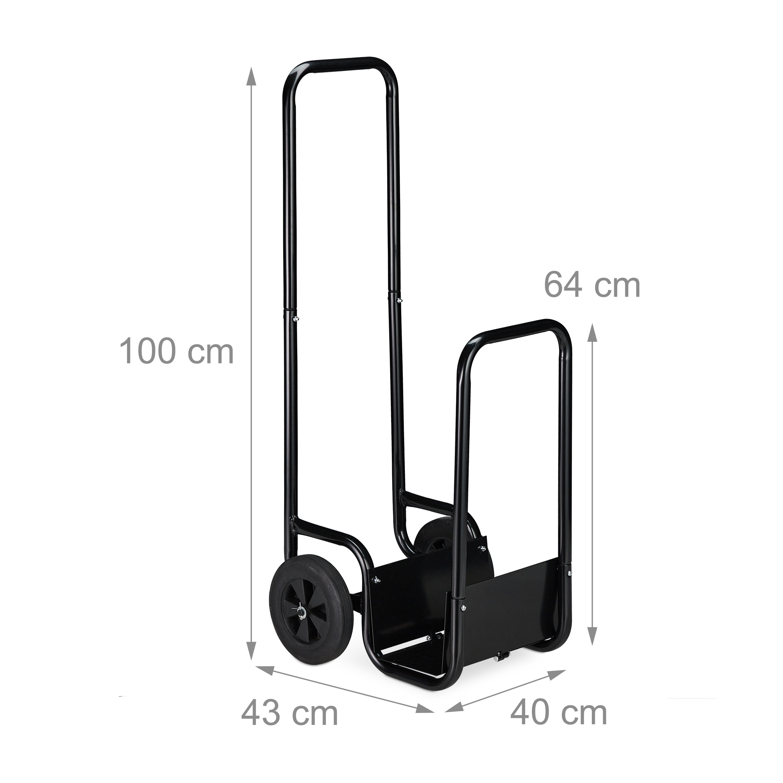 Schwarzer Metall-Sackkarren mit Massangaben von 100 cm Höhe, 43 cm Breite und 40 cm Tiefe.