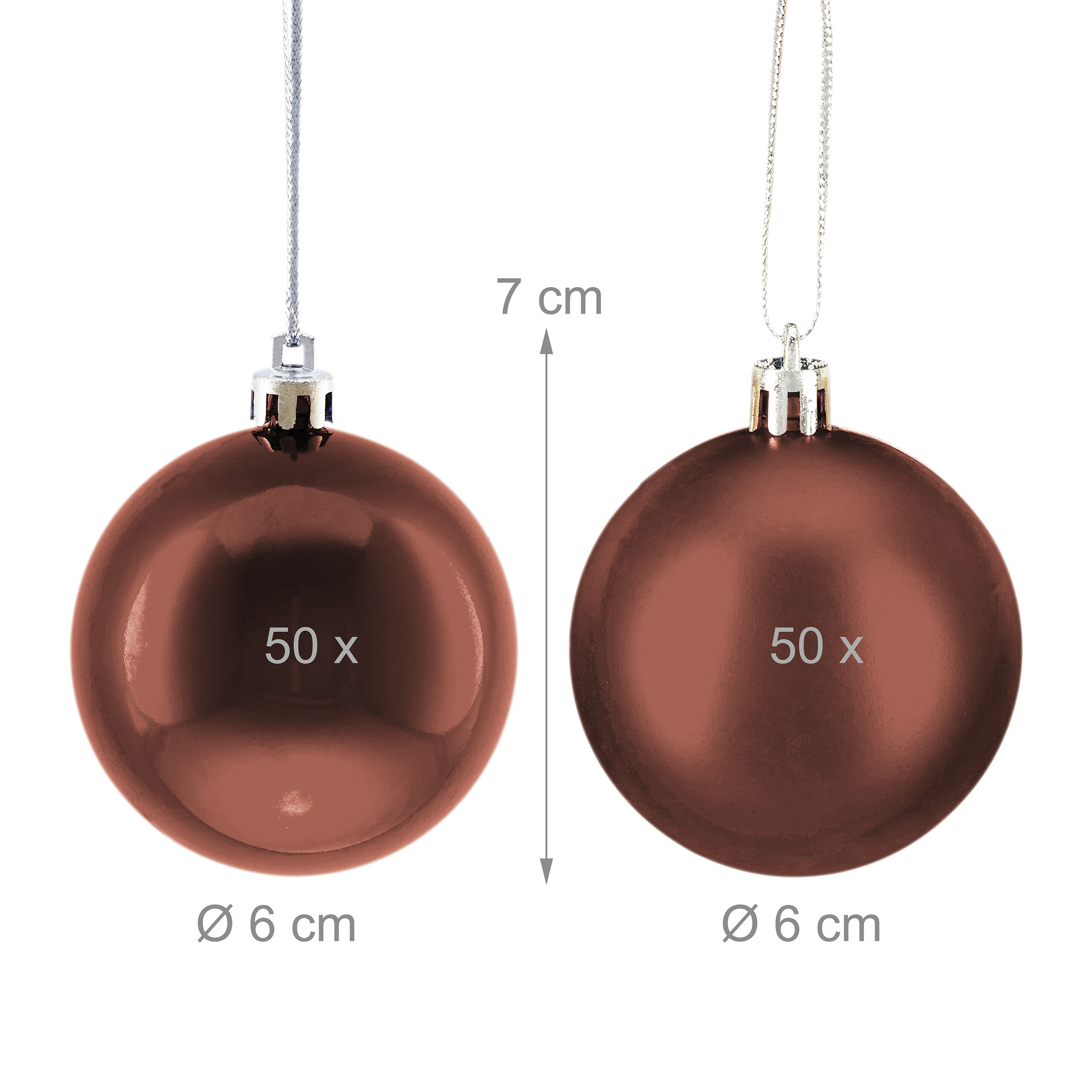 Zwei glänzende und matte kupferfarbene Weihnachtskugeln mit Hängeschnur und Maßangaben.