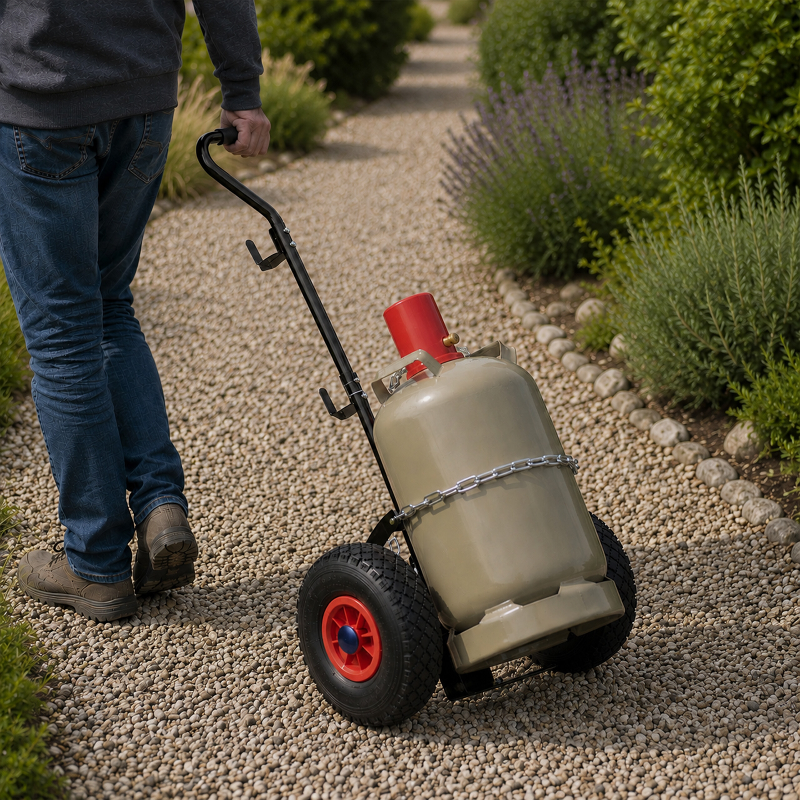 Eine Person zieht einen Wagen mit einer beige Gasflasche auf einem kiesbedeckten Gartenweg.