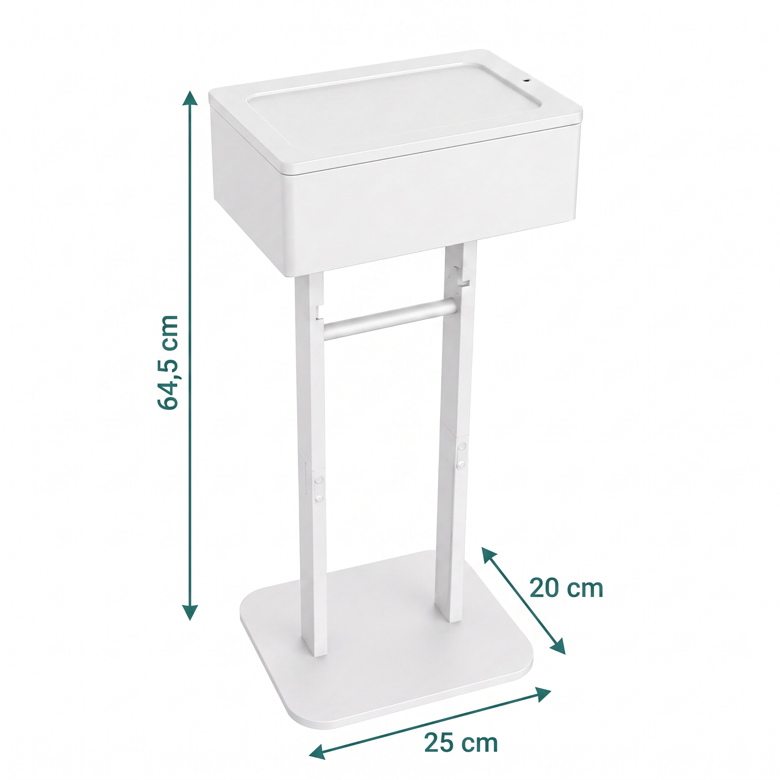 Weißer Desinfektionsmittelspender auf Ständer mit Abmessungen von 64,5 cm Höhe, 25 cm Breite und 20 cm Tiefe.